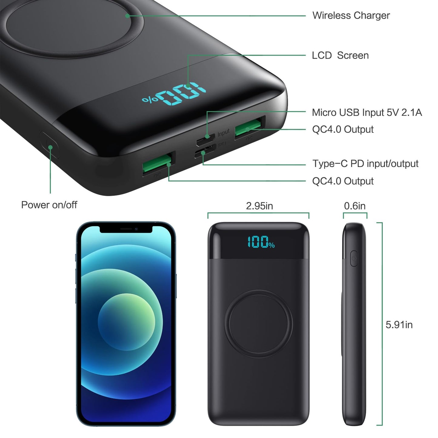 Wireless Portable Charger 40800mAh with 3 Built-in Cables,7-in-1 15W Wireless Charging Power Bank,25W PD QC 4.0 Fast Charging USB C LCD Display Battery Pack for iPhone 17/16/15/13,Samsung,Android etc