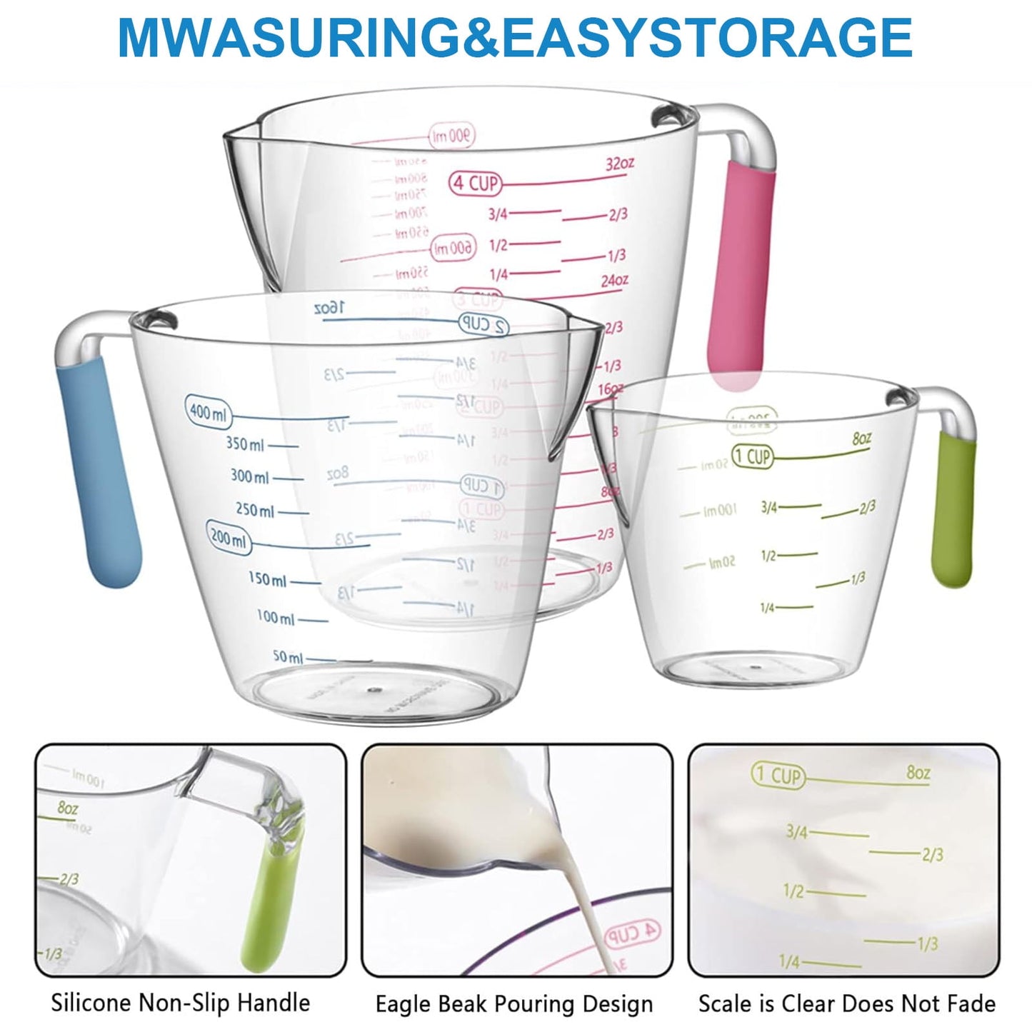 Square 14-Piece Measuring Cups and Spoons Set, Nesting Stainless Steel Measuring Cups Spoons with Plastic Measuring Cup for Dry and Liquid Ingredients, Kitchen Cooking & Baking Gadgets