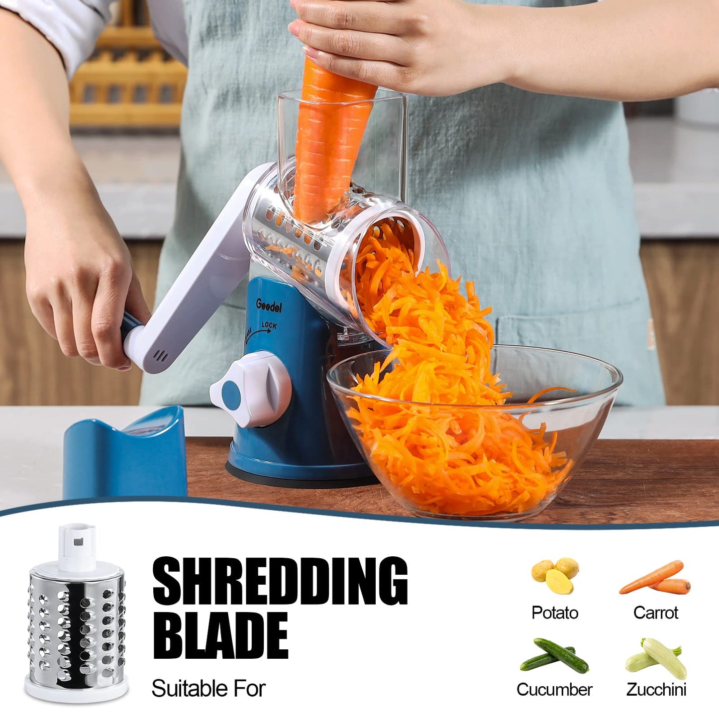 Rotary Cheese Grater, Kitchen Mandoline Vegetable Slicer with 3 Interchangeable Blades, Easy to Clean Grater for Fruit, Vegetables, Nuts
