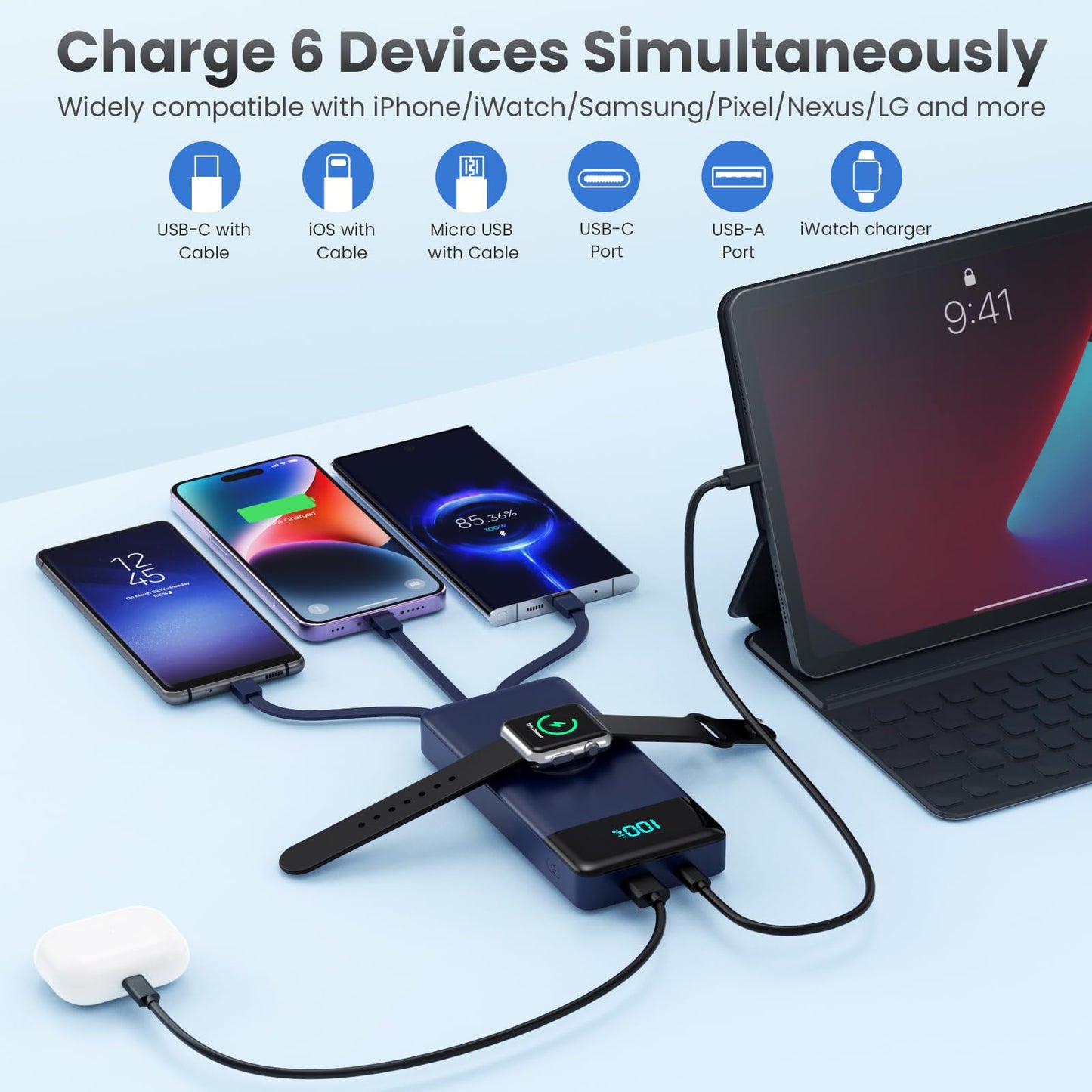 Wireless Portable Charger 40800mAh with 3 Built-in Cables,7-in-1 15W Wireless Charging Power Bank,25W PD QC 4.0 Fast Charging USB C LCD Display Battery Pack for iPhone 17/16/15/13,Samsung,Android etc