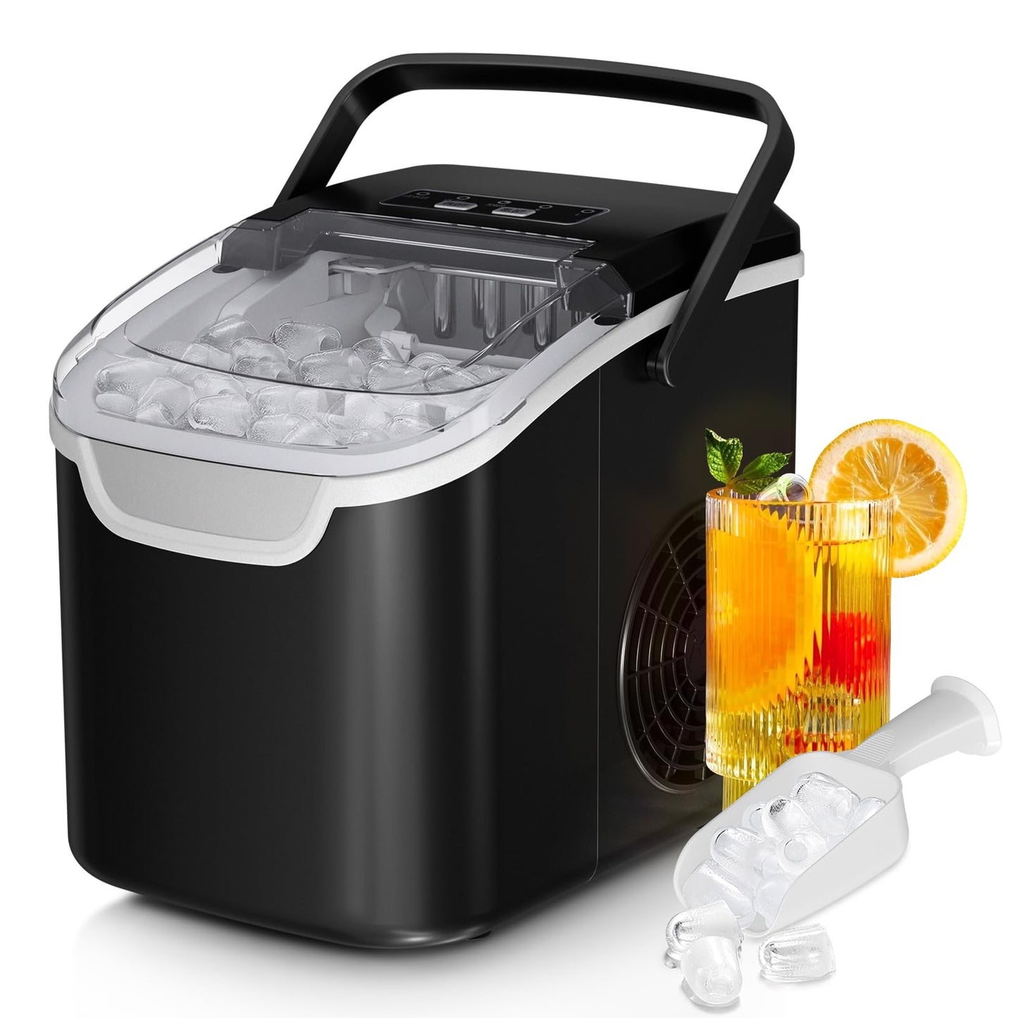 Countertop Ice Maker Machine, 8 Ice Cubes in 6 mins, 26lb/Day Ice with 2 Sizes- Portable Mini, Energy Saving & Basket/Scoop for Home/Party/Travel/Camping/Bar,Black