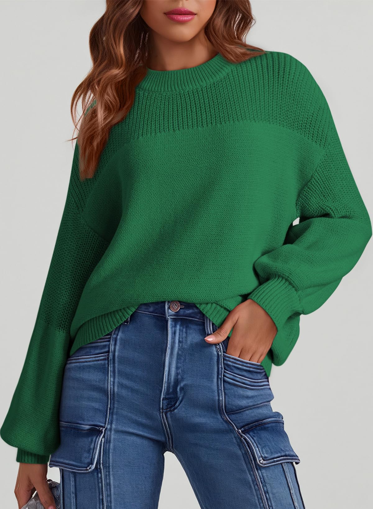 Womens Long Sleeve Knit Sweater Casual Solid Color Crew Neck Fall Sweaters for Women Trendy 2025 Outfits Chocolate Brown Fall Clothes Clothing Winter Oversized Pullover Top Jumper Medium