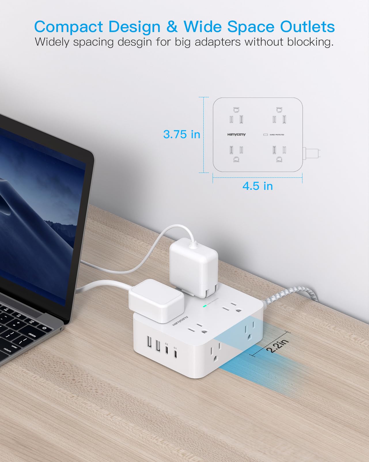 Surge Protector Power Strip - HANYCONY 8 Outlets 4 USB (2 USB C) Charging Ports, Multi Plug Outlet Extender, 5Ft Braided Extension Cord, Flat Plug Wall Mount Desk Charging Station for Home Office ETL