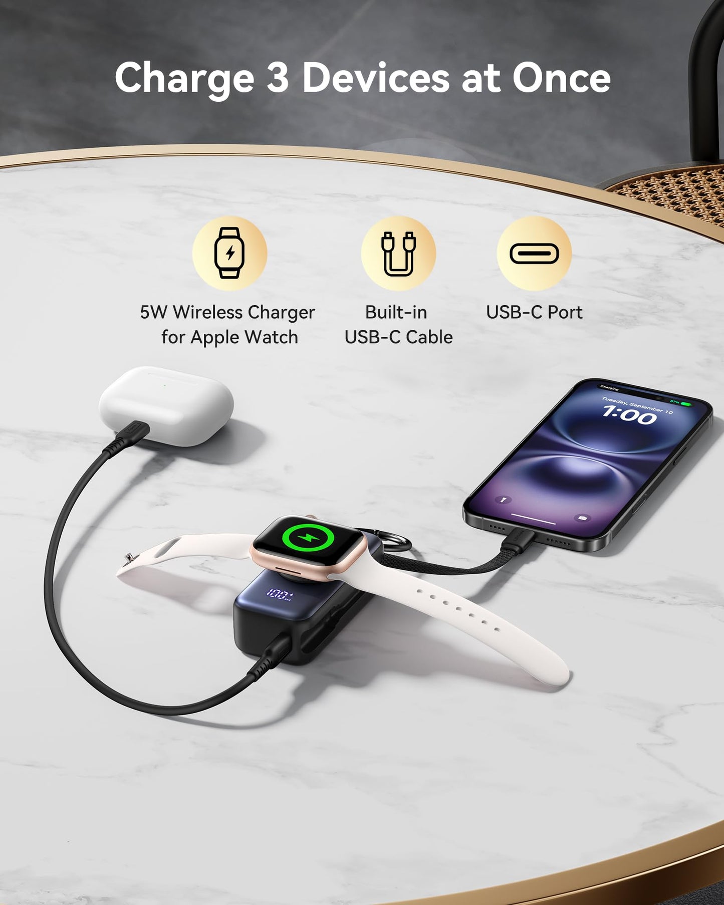 Portable Charger, 5000mAh 20W External Phone Battery Pack, PD Fast Charging Keychain Power Bank with USB C Cable and Watch Charger, for iPhone 17 16 15 Air, Apple Watch Ultra 11 10 9 8 SE, etc.