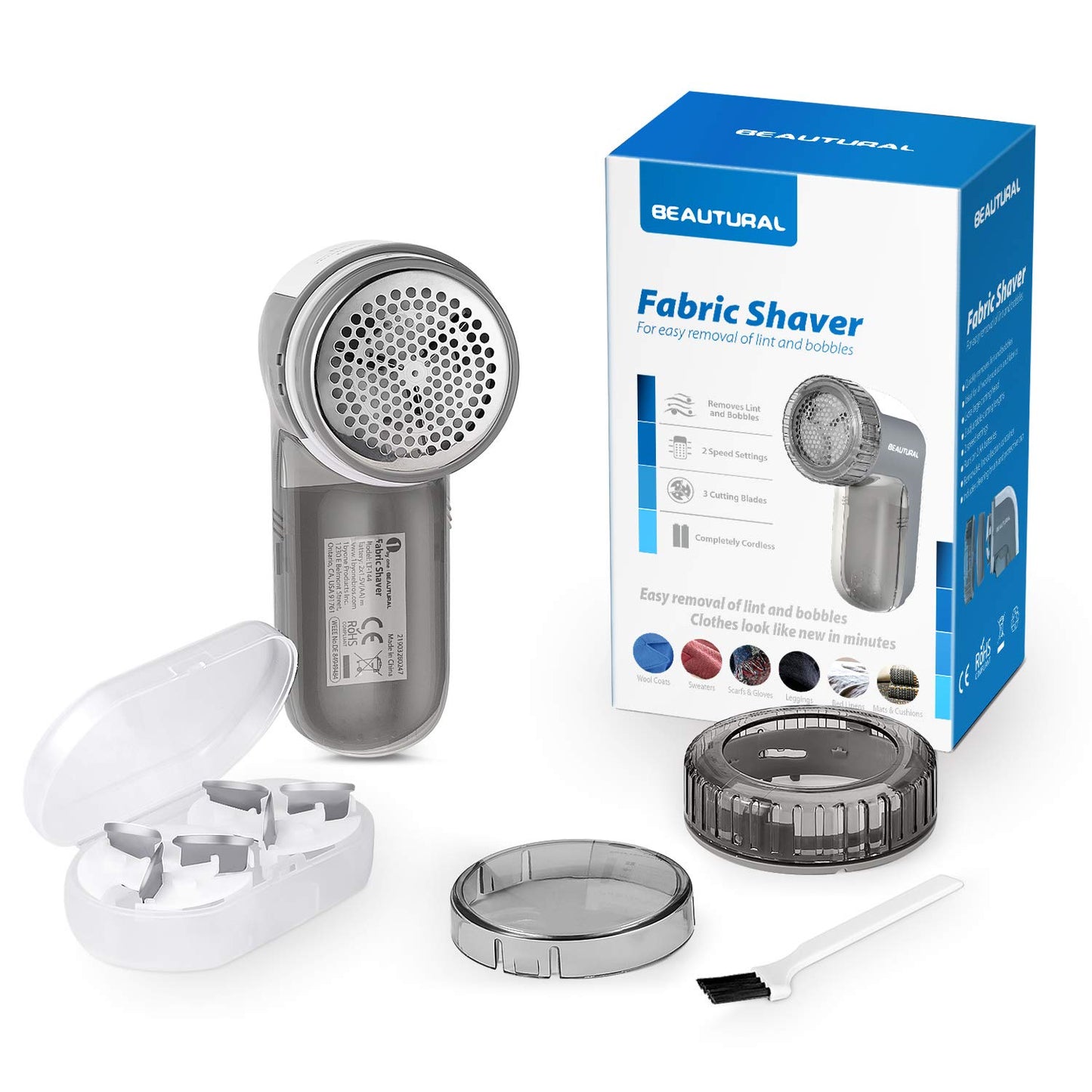 Fabric Shaver and Lint Remover, Sweater Defuzzer with 2-Speeds, 2 Replaceable Stainless Steel Blades, Battery Operated, Remove Clothes Fuzz, Lint Balls, Pills, Bobbles Gray