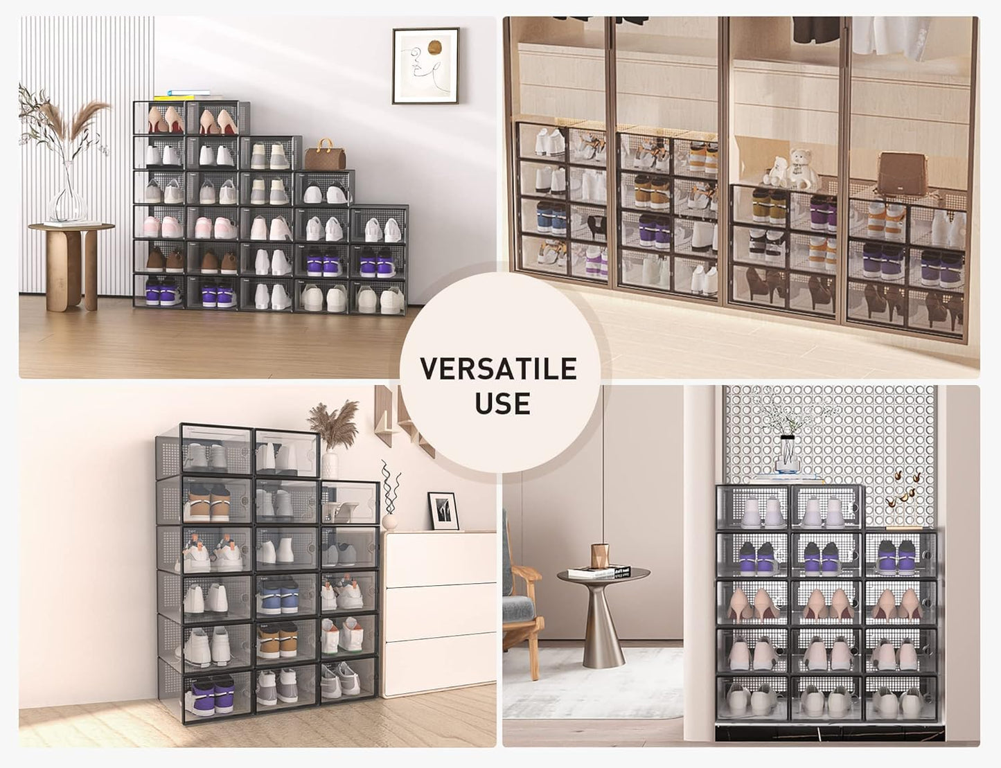 Shoe Storage Boxes Organizers Clear Plastic Stackable 12 Pack, Shoe Rack & Holder Substitute, Sneaker Containers, Toy Storage Organizer Bins for Entryway, Closet, Under Bed, Black