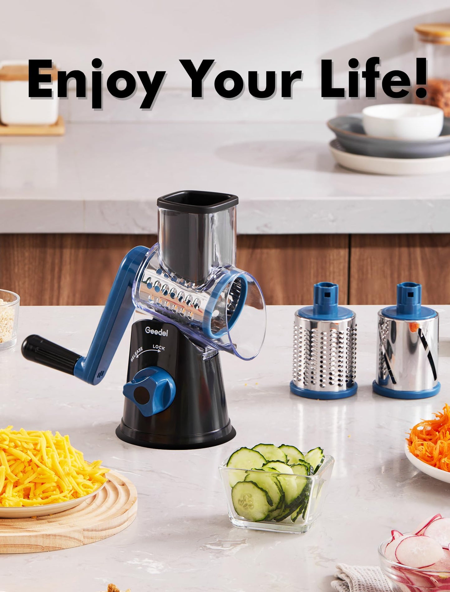 Rotary Cheese Grater, Kitchen Mandoline Vegetable Slicer with 3 Interchangeable Blades, Easy to Clean Grater for Fruit, Vegetables, Nuts