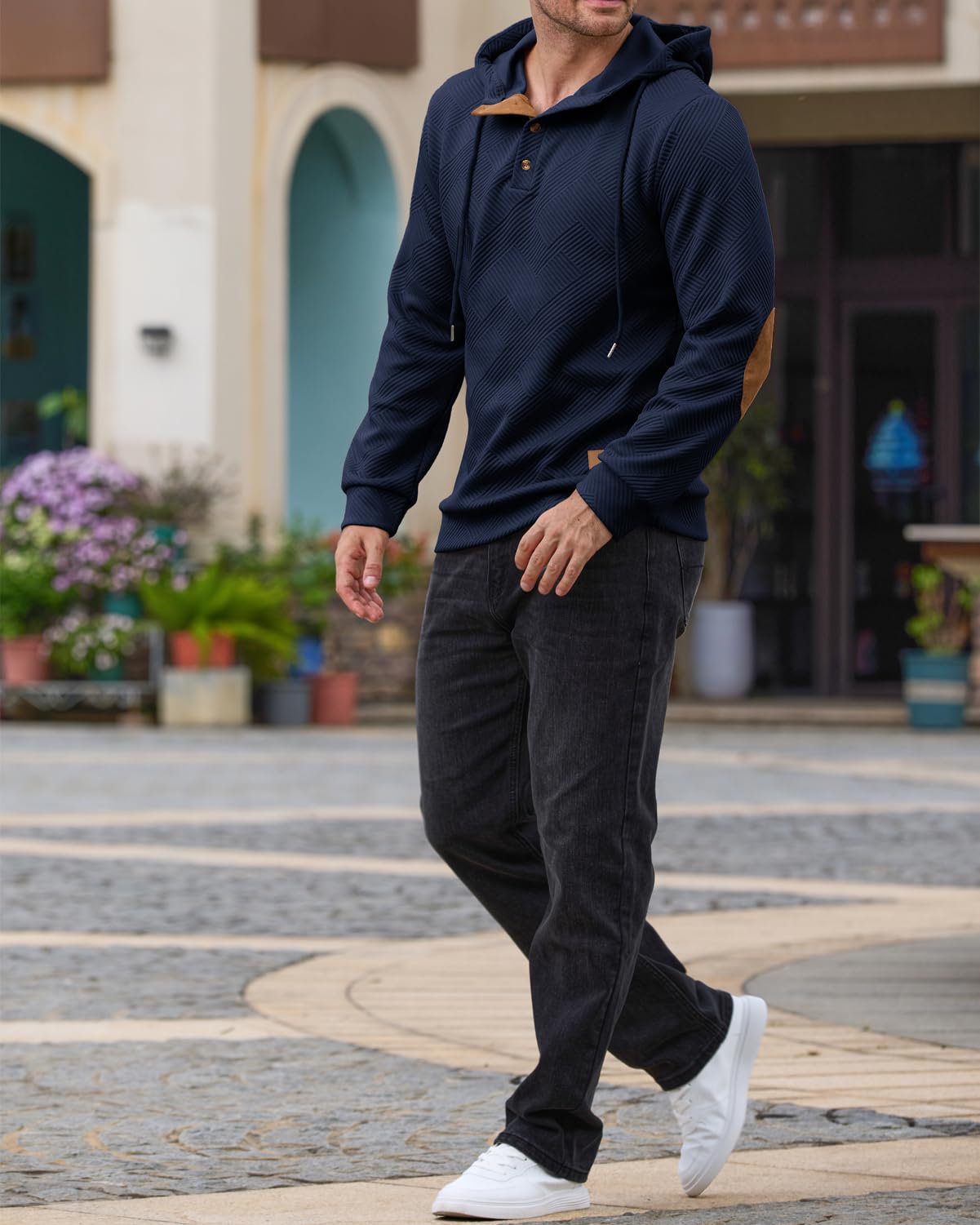 Men's Hoodies Pullover Casual Long Sleeve Stand Collar Button Pullover Sweatshirts Color Block Pullover Black L