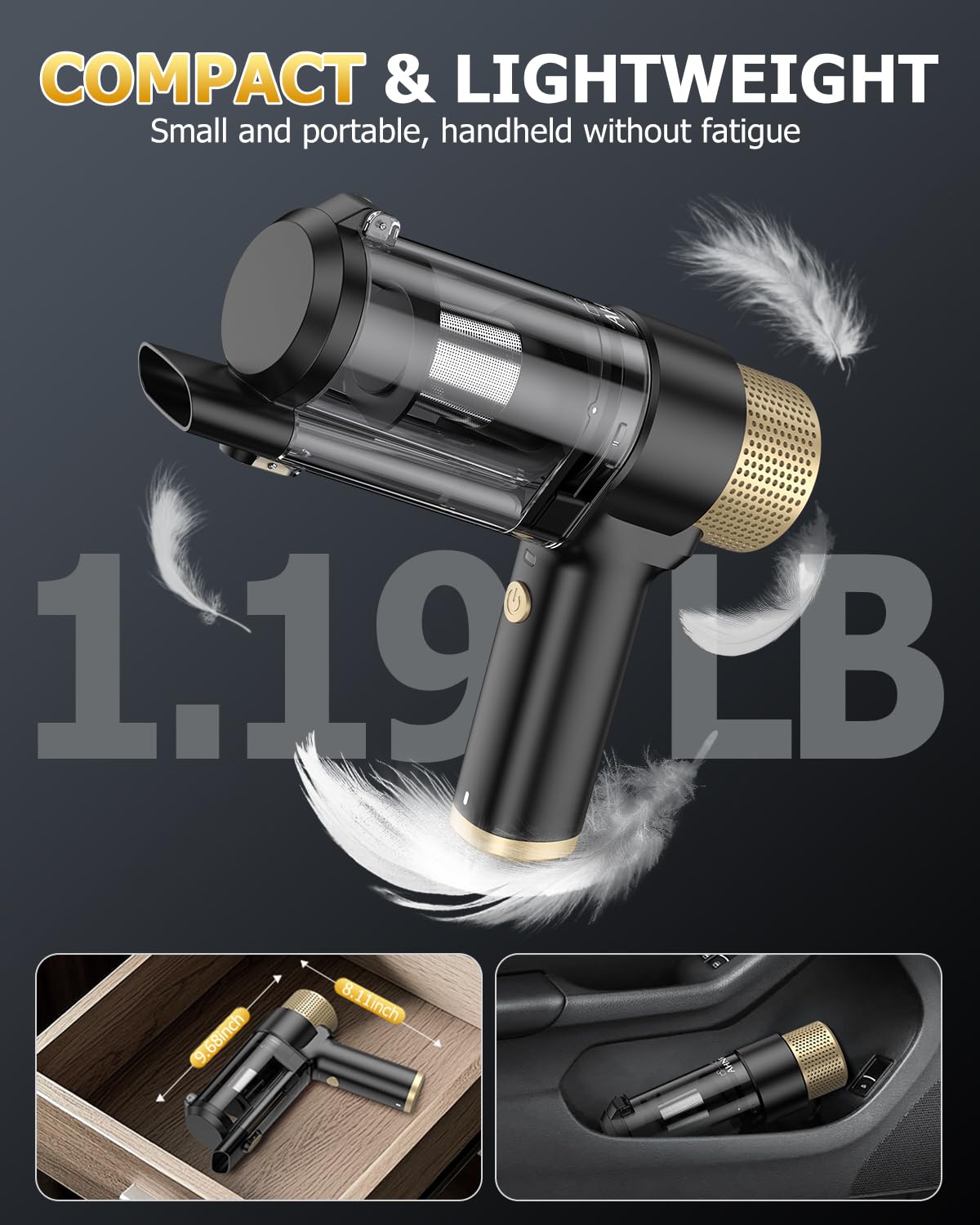 Handheld Car Vacuum Cleaner Cordless with 16000PA Powerful Suction, 4-in-1 Portable Mini Vacuum Cleaner & Air Duster with Multi-Accessories, Hand Held Vacuum Cordless Rechargeable for Car Home