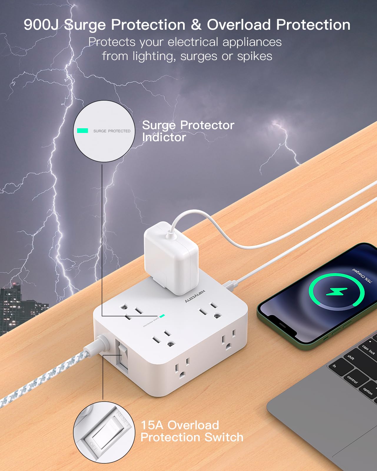 Surge Protector Power Strip - HANYCONY 8 Outlets 4 USB (2 USB C) Charging Ports, Multi Plug Outlet Extender, 5Ft Braided Extension Cord, Flat Plug Wall Mount Desk Charging Station for Home Office ETL