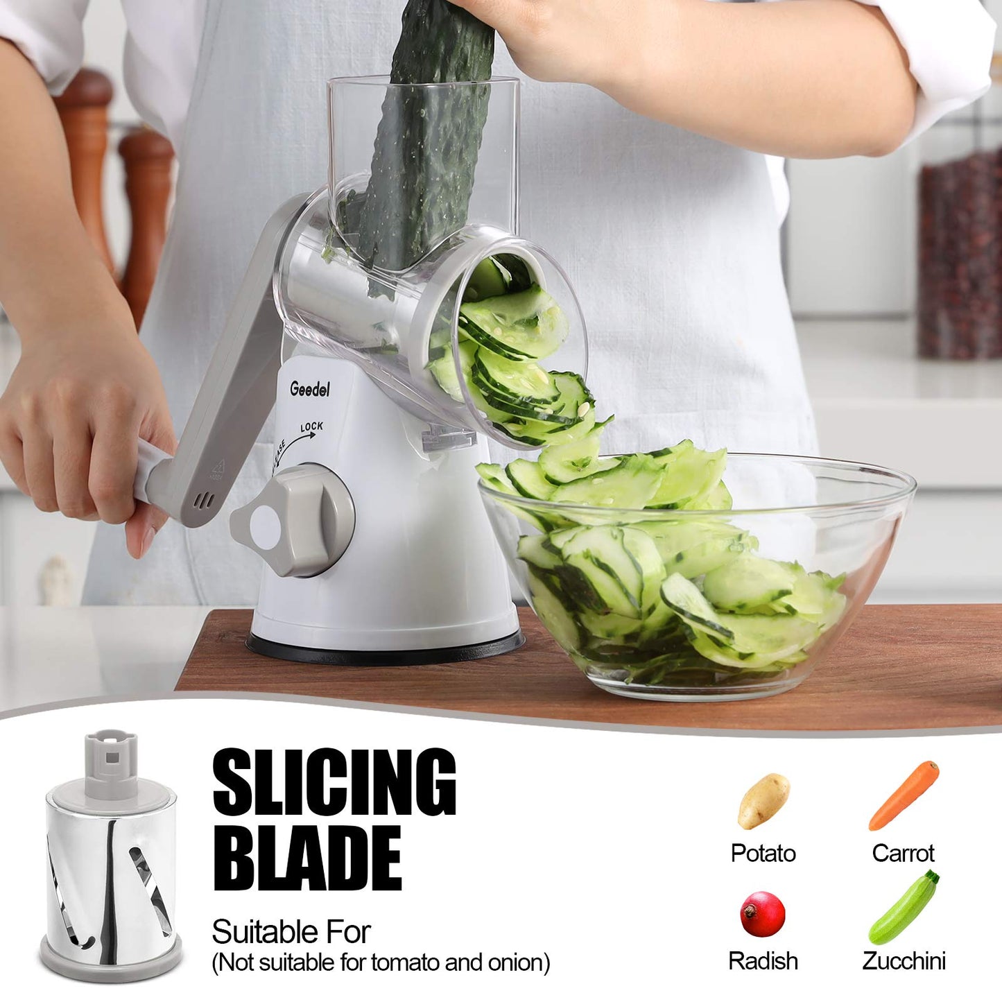Rotary Cheese Grater, Kitchen Mandoline Vegetable Slicer with 3 Interchangeable Blades, Easy to Clean Grater for Fruit, Vegetables, Nuts