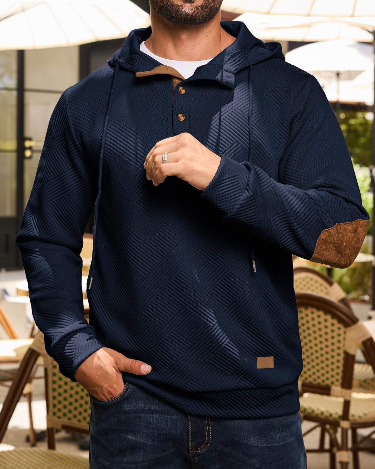 Men's Hoodies Pullover Casual Long Sleeve Stand Collar Button Pullover Sweatshirts Color Block Pullover Black L