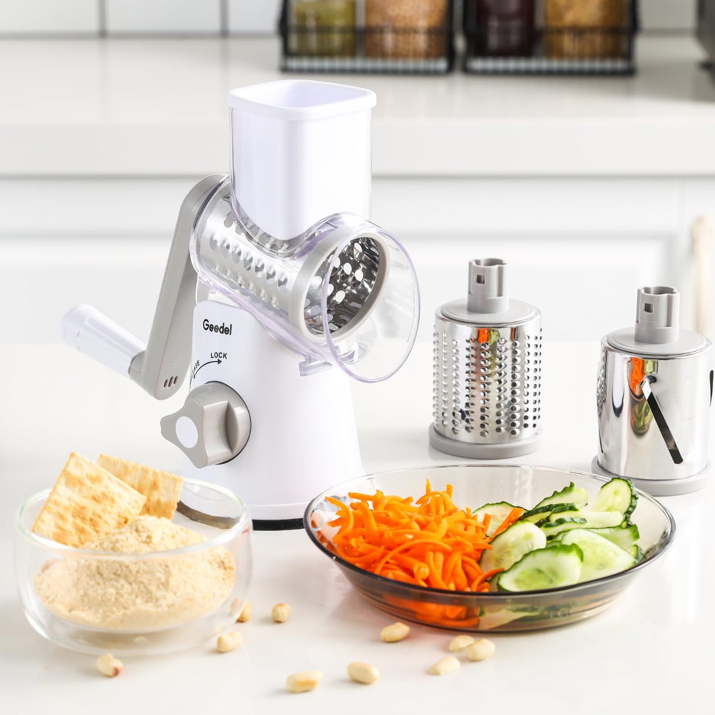 Rotary Cheese Grater, Kitchen Mandoline Vegetable Slicer with 3 Interchangeable Blades, Easy to Clean Grater for Fruit, Vegetables, Nuts