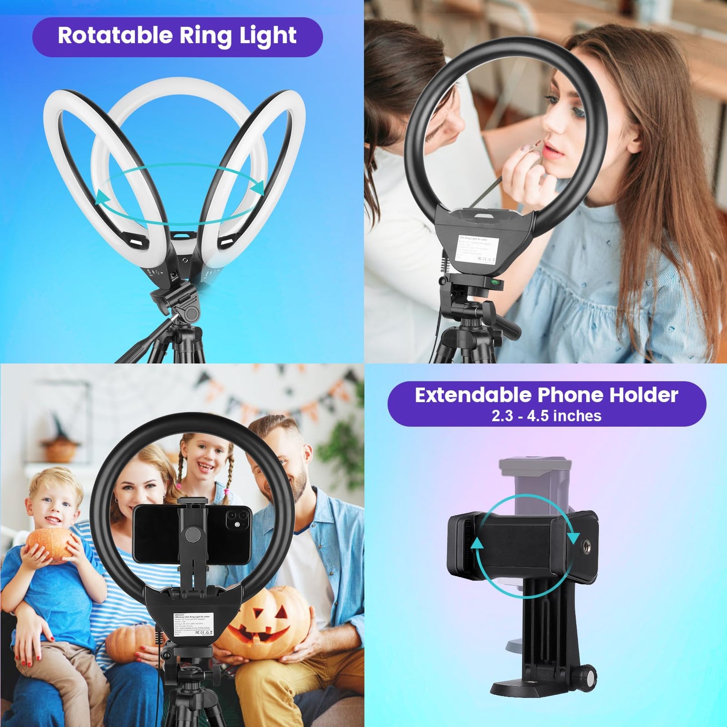 10'' Ring Light with 50'' Extendable Tripod Stand, LED Circle Lights with Phone Holder for Live Stream/Makeup/YouTube Video/TikTok, Compatible with All Phones