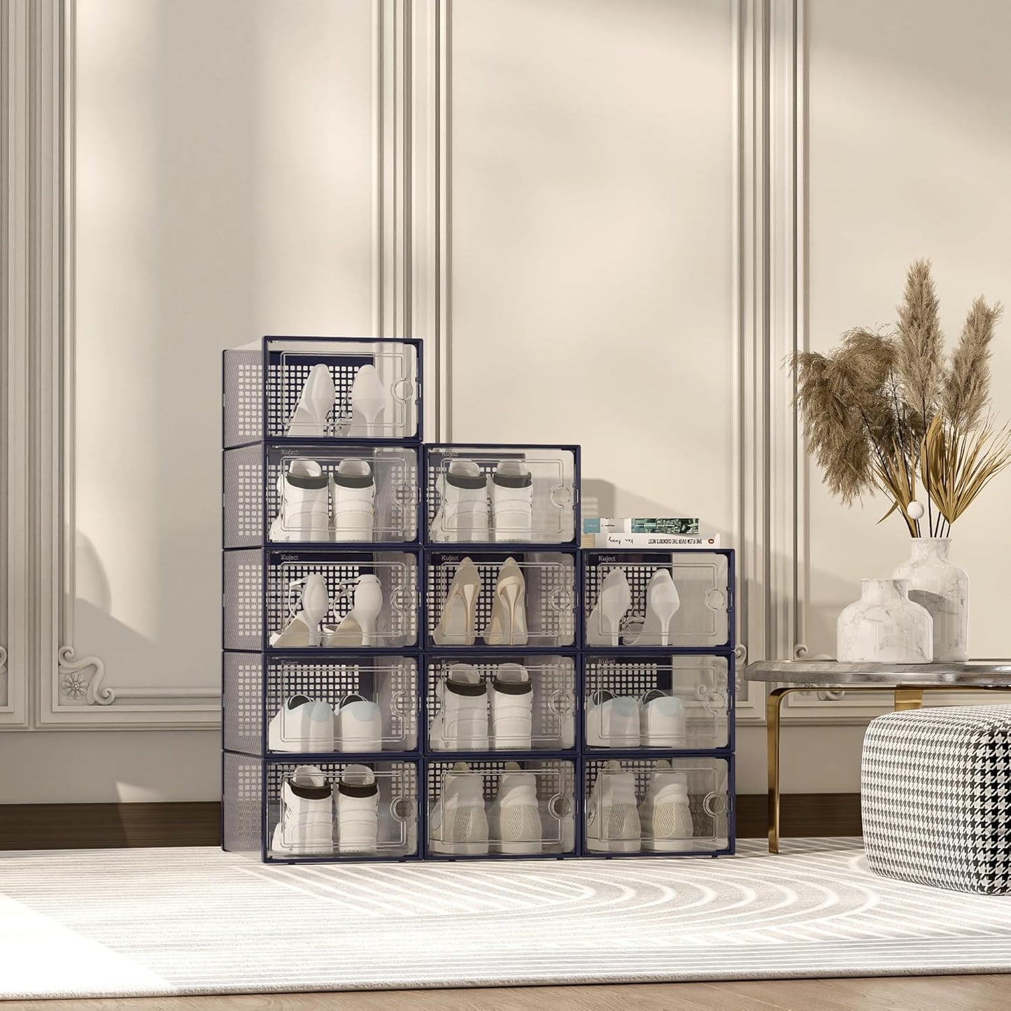 Shoe Storage Boxes Organizers Clear Plastic Stackable 12 Pack, Shoe Rack & Holder Substitute, Sneaker Containers, Toy Storage Organizer Bins for Entryway, Closet, Under Bed, Black