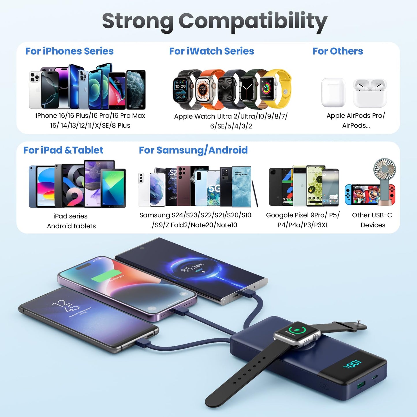 Wireless Portable Charger 40800mAh with 3 Built-in Cables,7-in-1 15W Wireless Charging Power Bank,25W PD QC 4.0 Fast Charging USB C LCD Display Battery Pack for iPhone 17/16/15/13,Samsung,Android etc