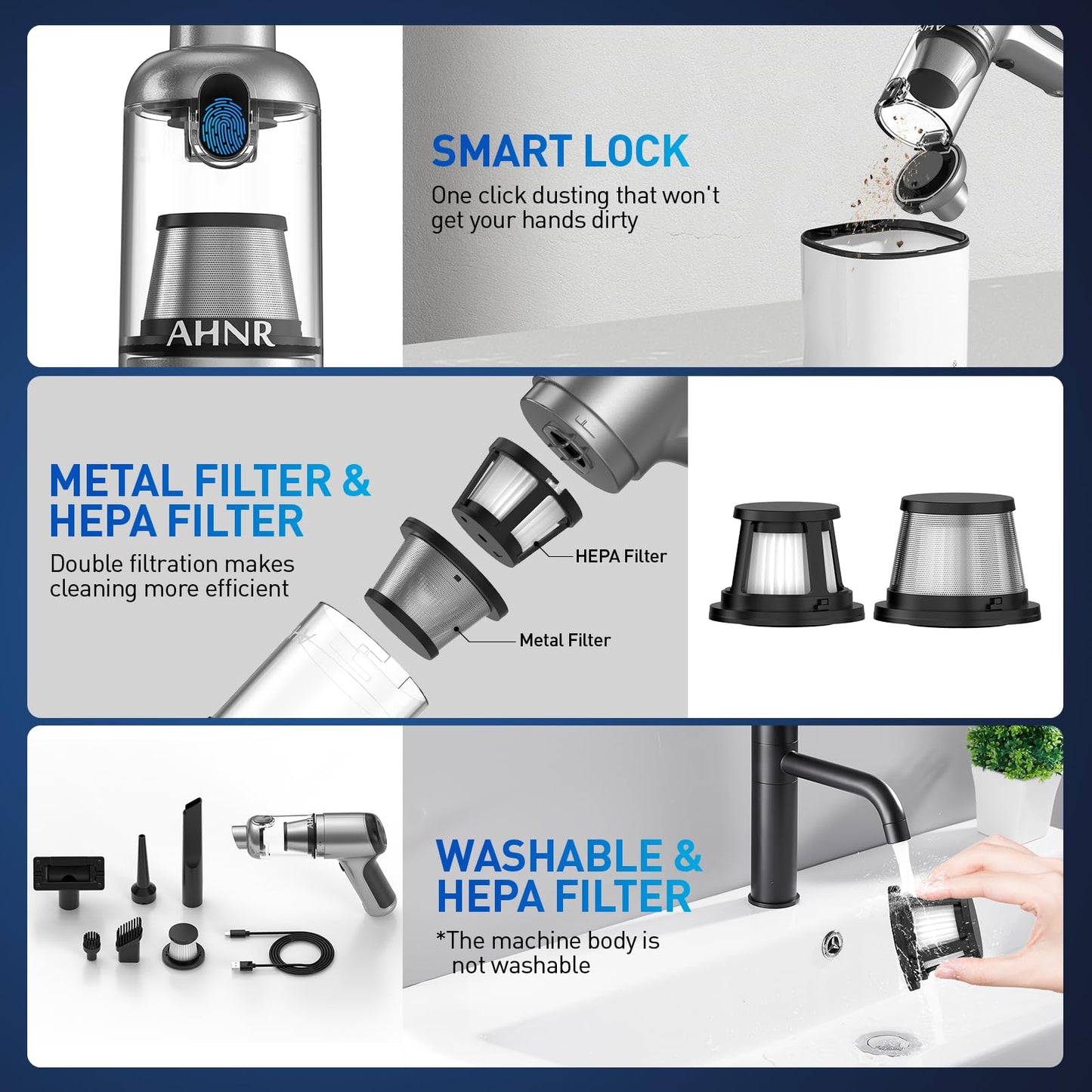 Handheld Car Vacuum Cleaner Cordless with 16000PA Powerful Suction, 4-in-1 Portable Mini Vacuum Cleaner & Air Duster with Multi-Accessories, Hand Held Vacuum Cordless Rechargeable for Car Home