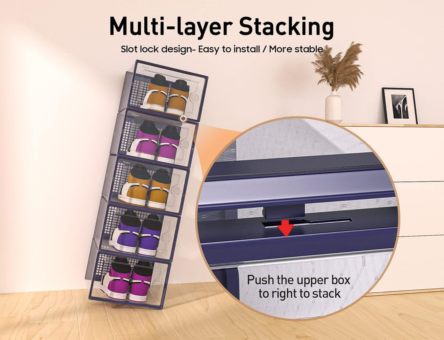 Shoe Storage Boxes Organizers Clear Plastic Stackable 12 Pack, Shoe Rack & Holder Substitute, Sneaker Containers, Toy Storage Organizer Bins for Entryway, Closet, Under Bed, Black