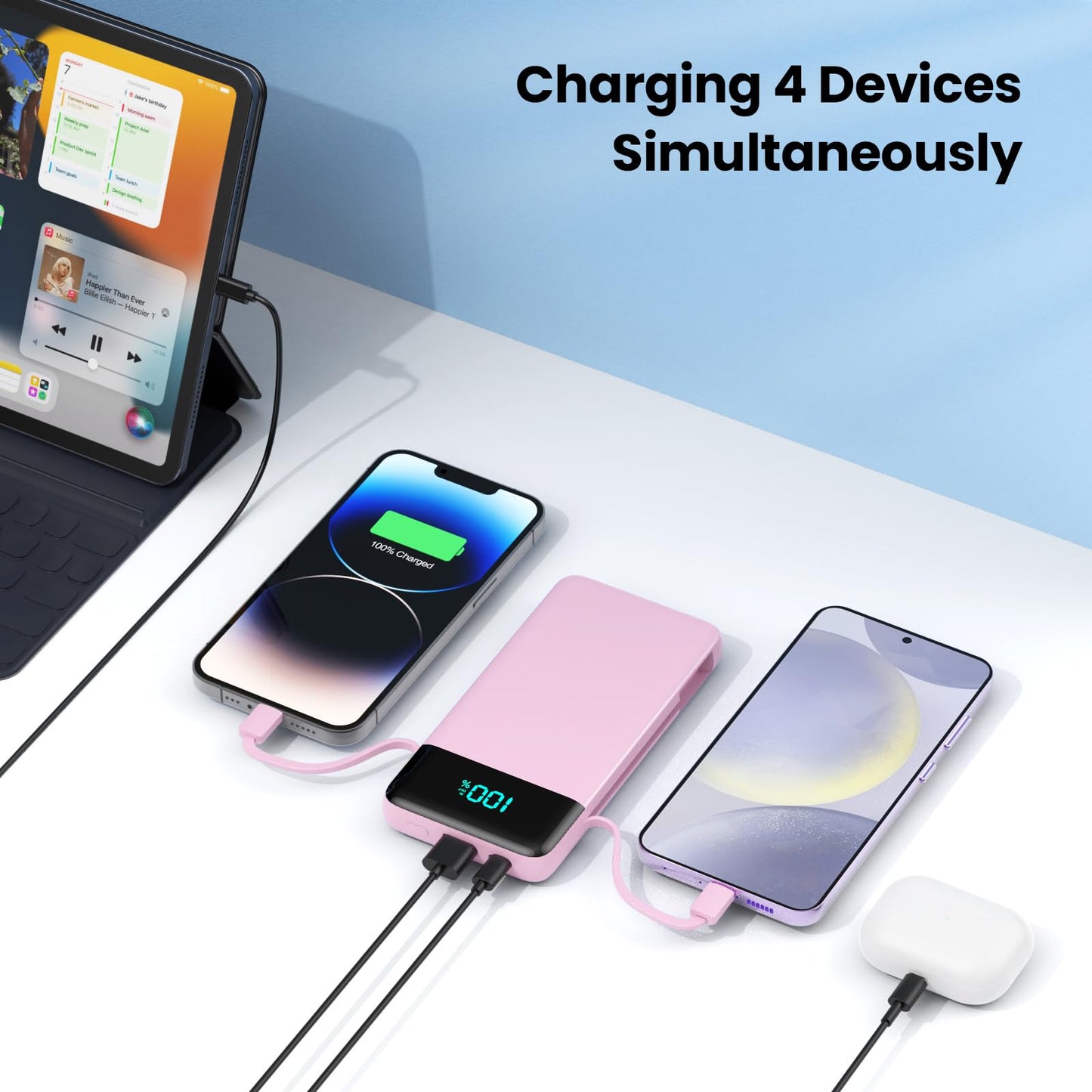 Wireless Portable Charger 40800mAh with 3 Built-in Cables,7-in-1 15W Wireless Charging Power Bank,25W PD QC 4.0 Fast Charging USB C LCD Display Battery Pack for iPhone 17/16/15/13,Samsung,Android etc