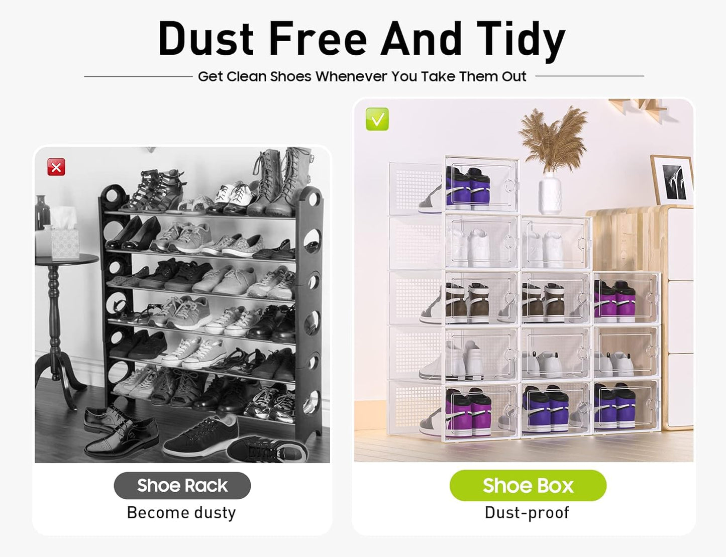 Shoe Storage Boxes Organizers Clear Plastic Stackable 12 Pack, Shoe Rack & Holder Substitute, Sneaker Containers, Toy Storage Organizer Bins for Entryway, Closet, Under Bed, Black