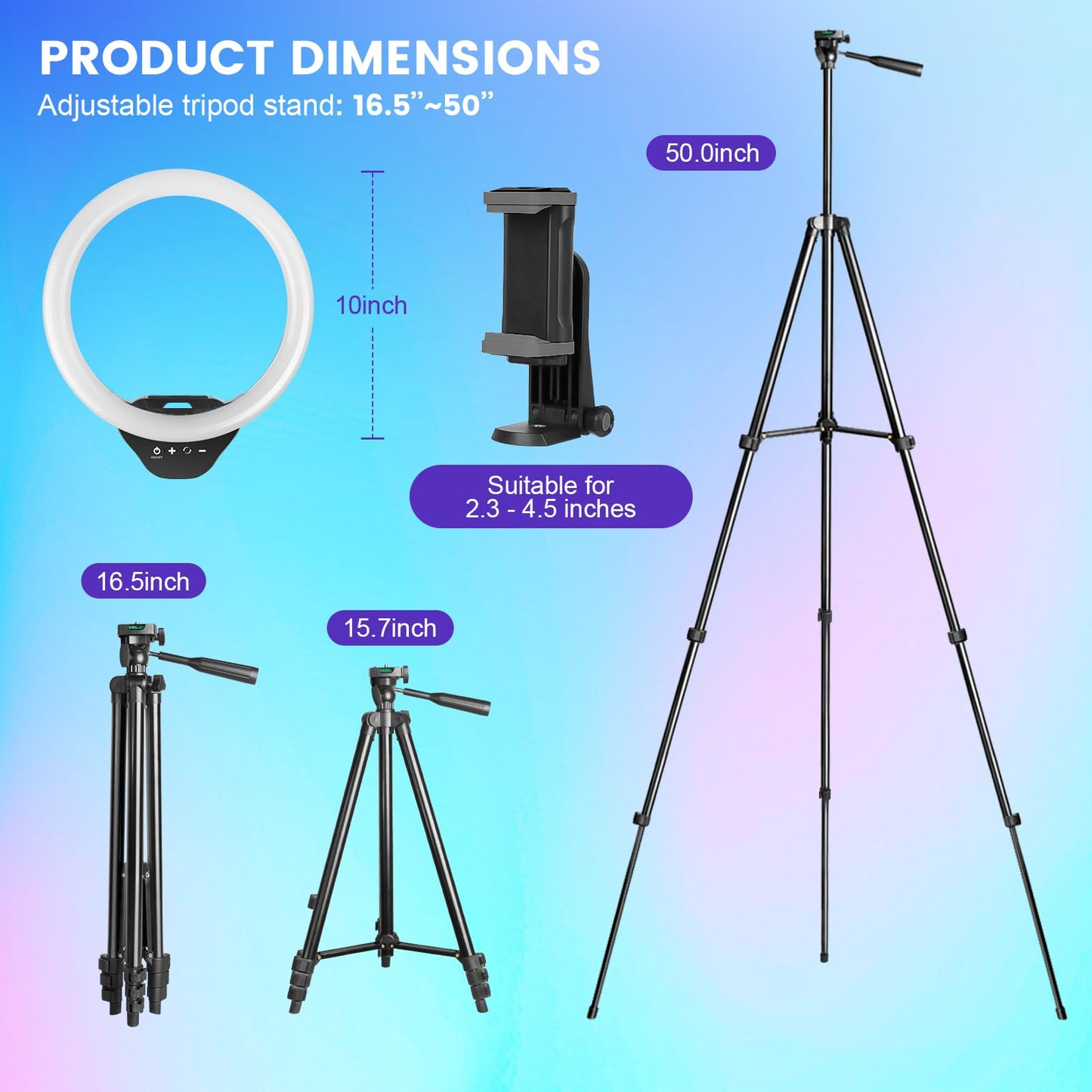 10'' Ring Light with 50'' Extendable Tripod Stand, LED Circle Lights with Phone Holder for Live Stream/Makeup/YouTube Video/TikTok, Compatible with All Phones