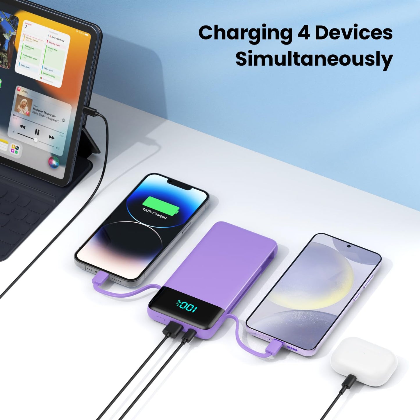 Wireless Portable Charger 40800mAh with 3 Built-in Cables,7-in-1 15W Wireless Charging Power Bank,25W PD QC 4.0 Fast Charging USB C LCD Display Battery Pack for iPhone 17/16/15/13,Samsung,Android etc