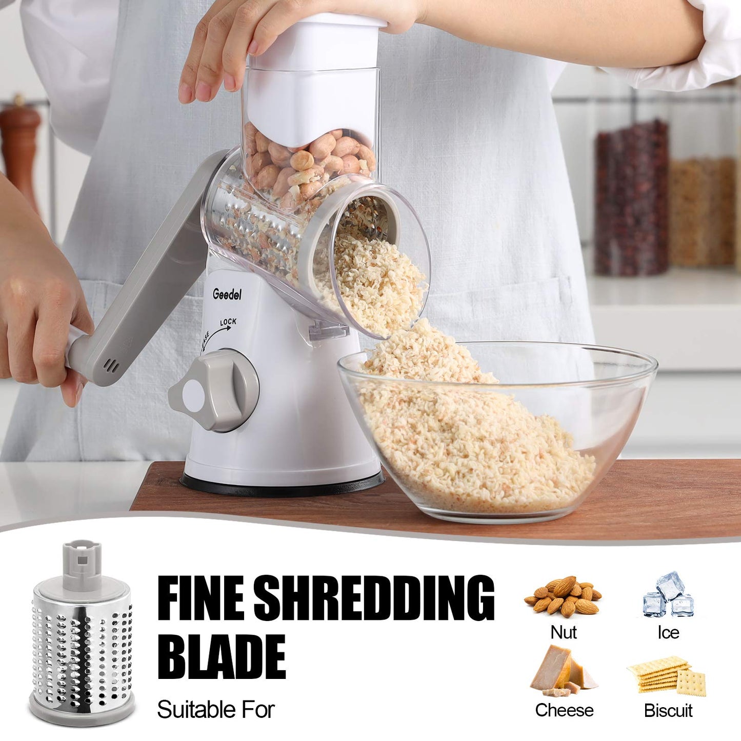 Rotary Cheese Grater, Kitchen Mandoline Vegetable Slicer with 3 Interchangeable Blades, Easy to Clean Grater for Fruit, Vegetables, Nuts