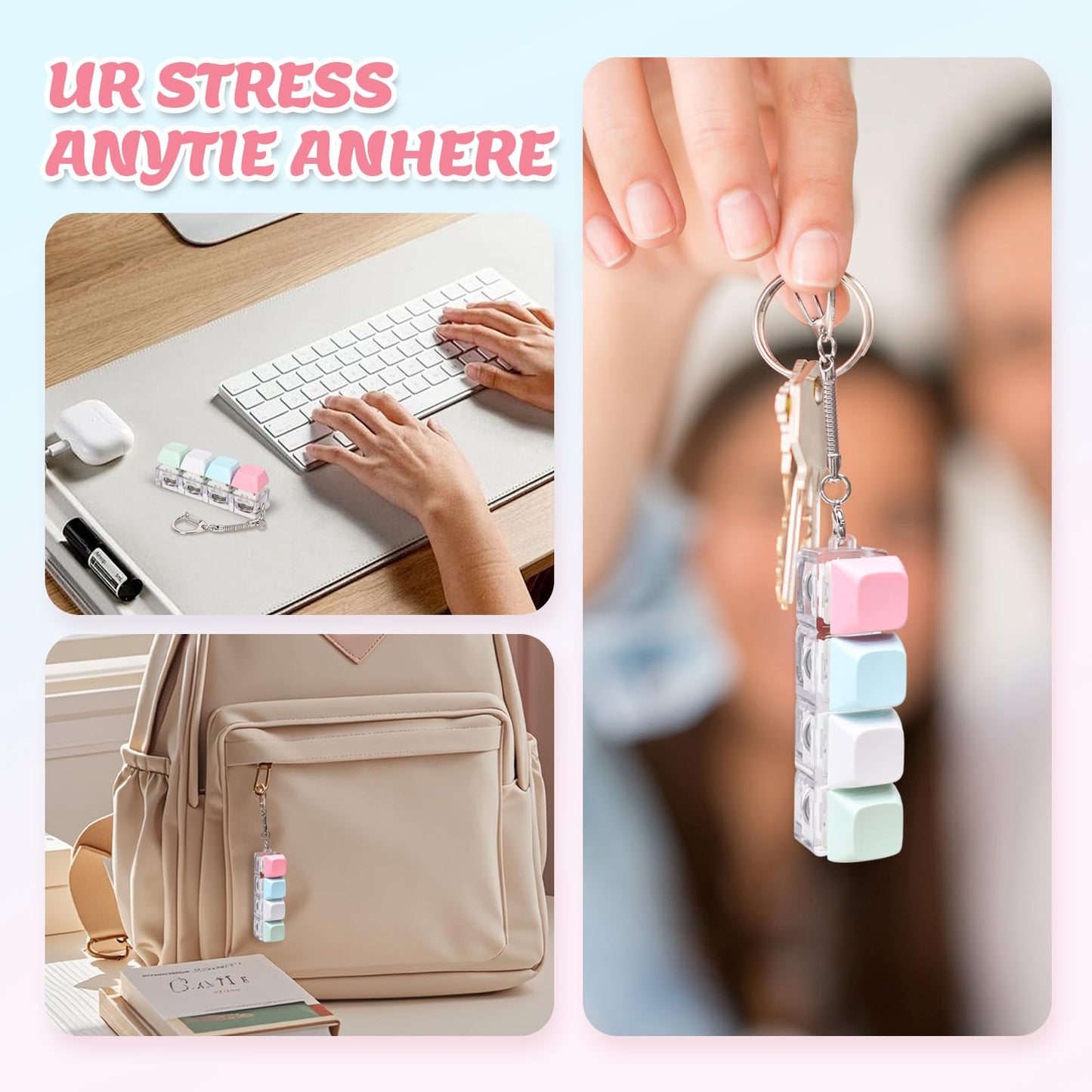 2 Pcs Keyboard Fidget Toy for Adults Fidget Keyboard Clicker Toys with LED Lights Keychain Stress Relief for Anxiety Decompression (Black and White)