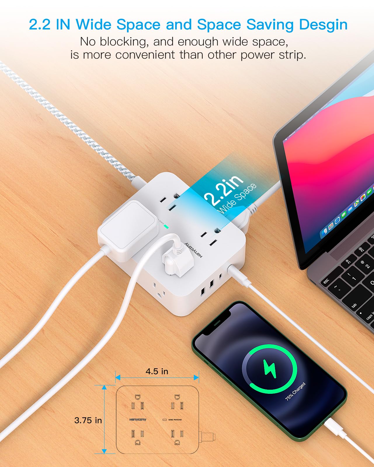 Surge Protector Power Strip - HANYCONY 8 Outlets 4 USB (2 USB C) Charging Ports, Multi Plug Outlet Extender, 5Ft Braided Extension Cord, Flat Plug Wall Mount Desk Charging Station for Home Office ETL