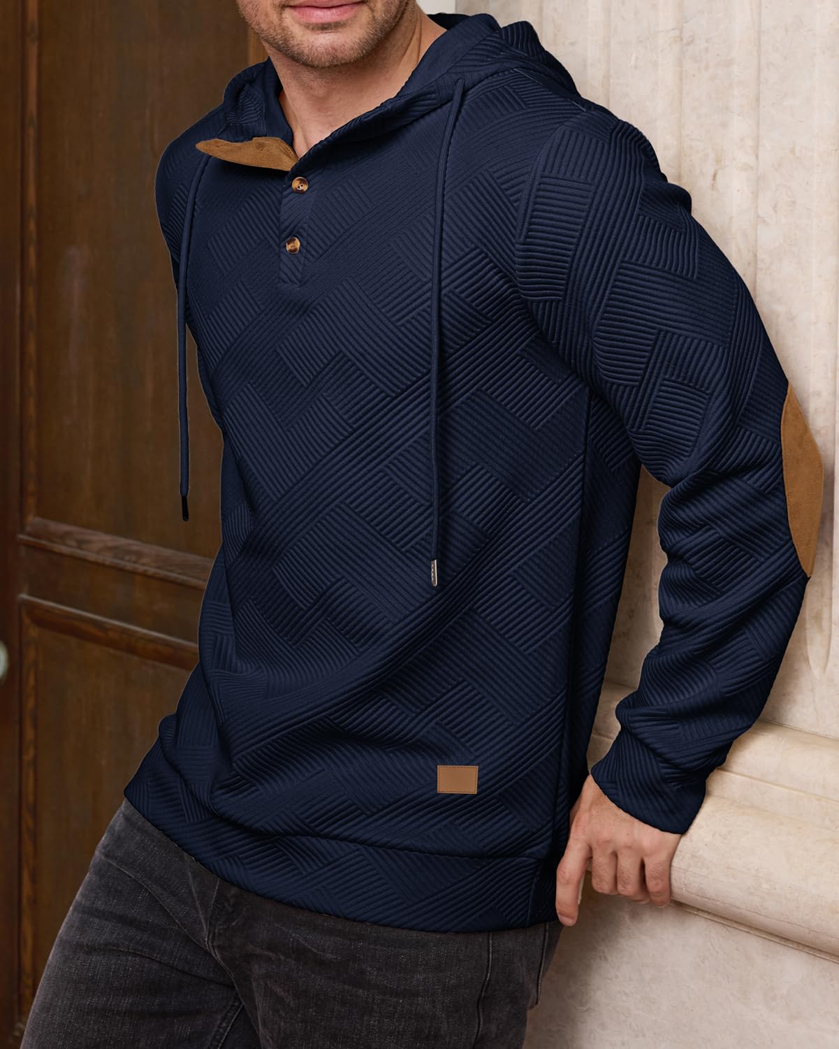 Men's Hoodies Pullover Casual Long Sleeve Stand Collar Button Pullover Sweatshirts Color Block Pullover Black L