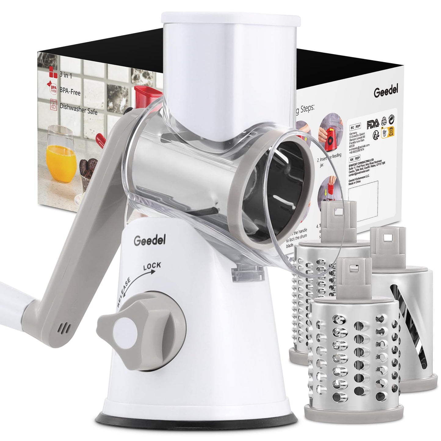 Rotary Cheese Grater, Kitchen Mandoline Vegetable Slicer with 3 Interchangeable Blades, Easy to Clean Grater for Fruit, Vegetables, Nuts