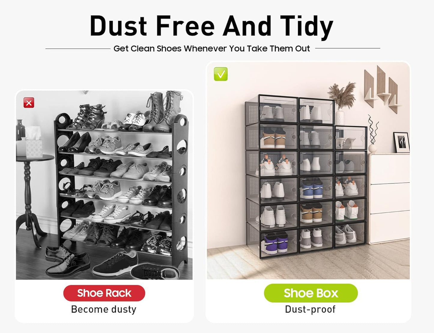 Shoe Storage Boxes Organizers Clear Plastic Stackable 12 Pack, Shoe Rack & Holder Substitute, Sneaker Containers, Toy Storage Organizer Bins for Entryway, Closet, Under Bed, Black