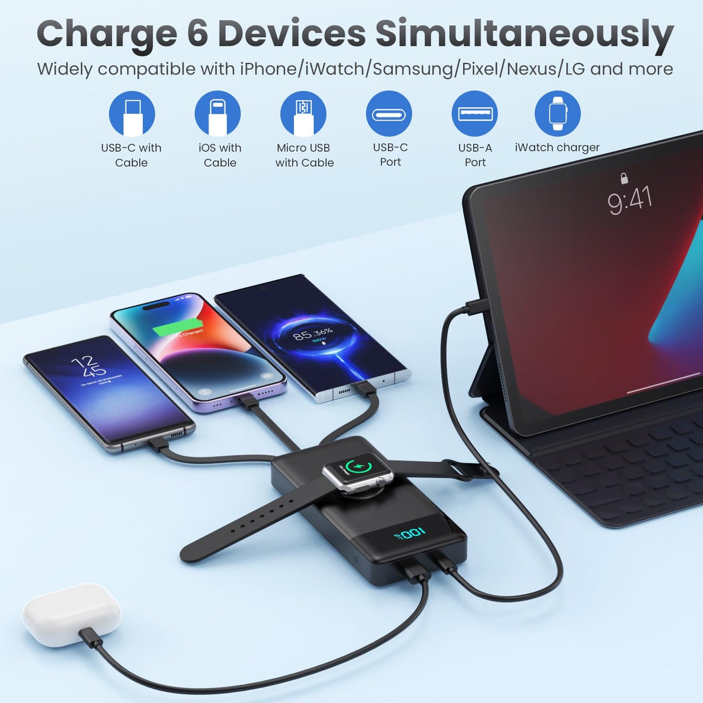 Wireless Portable Charger 40800mAh with 3 Built-in Cables,7-in-1 15W Wireless Charging Power Bank,25W PD QC 4.0 Fast Charging USB C LCD Display Battery Pack for iPhone 17/16/15/13,Samsung,Android etc