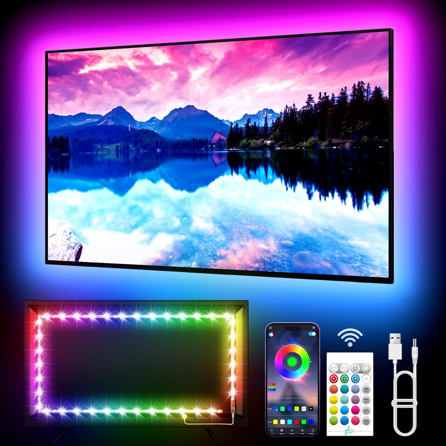 TV Backlights, 13.1FT LED Lights for 32-65 Inch TV, RGB TV LED Lights Behind, Music Sync Bluetooth APP and Remote Control TV LED Strip Lights USB Powered for Gaming/Bedroom