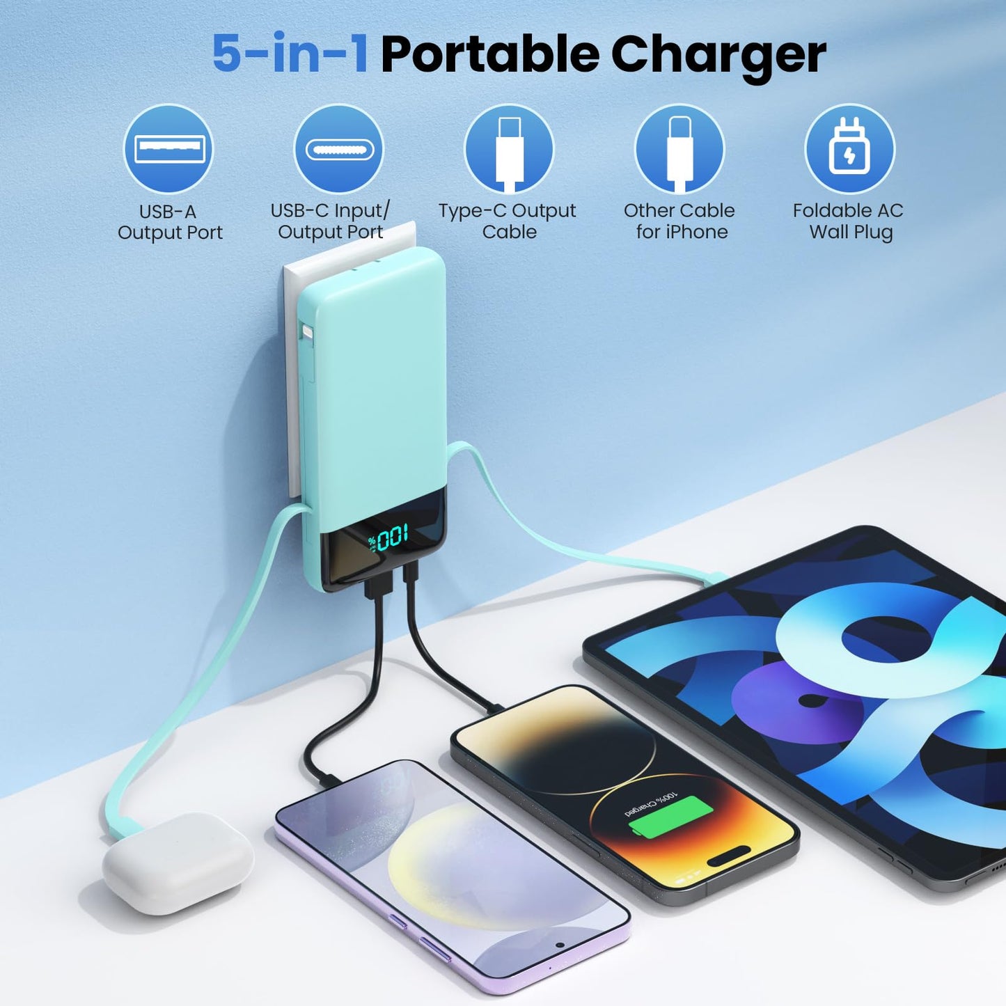Wireless Portable Charger 40800mAh with 3 Built-in Cables,7-in-1 15W Wireless Charging Power Bank,25W PD QC 4.0 Fast Charging USB C LCD Display Battery Pack for iPhone 17/16/15/13,Samsung,Android etc