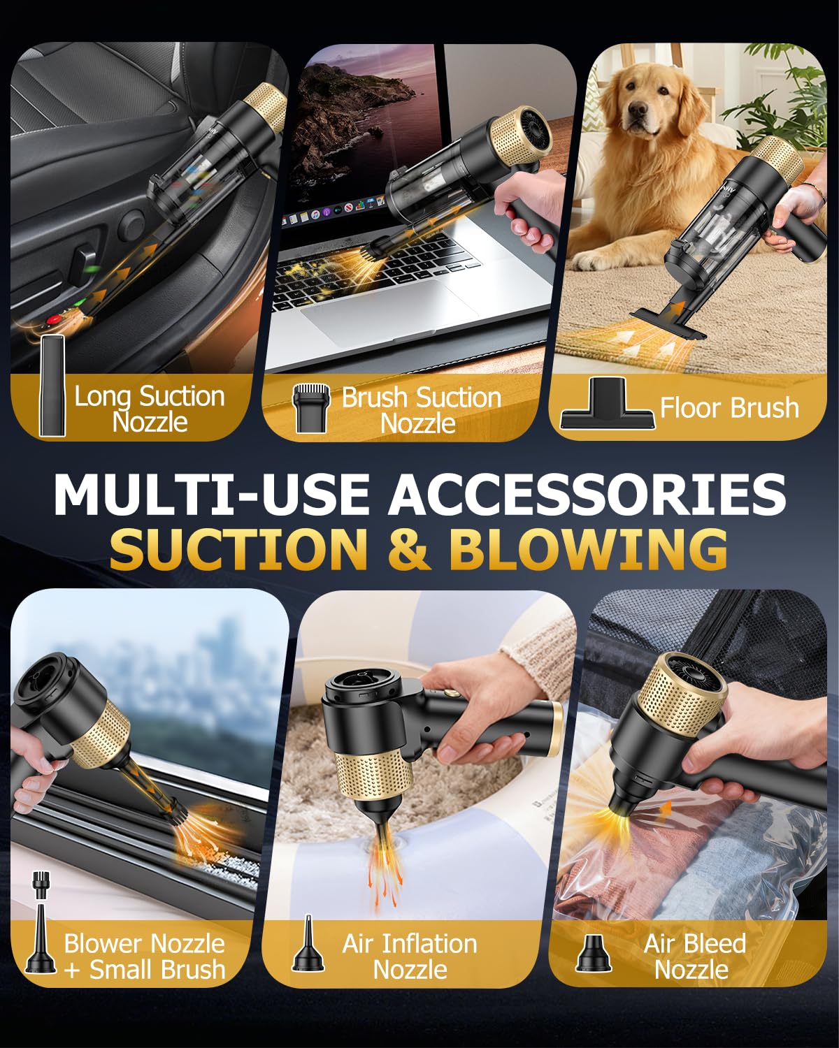Handheld Car Vacuum Cleaner Cordless with 16000PA Powerful Suction, 4-in-1 Portable Mini Vacuum Cleaner & Air Duster with Multi-Accessories, Hand Held Vacuum Cordless Rechargeable for Car Home