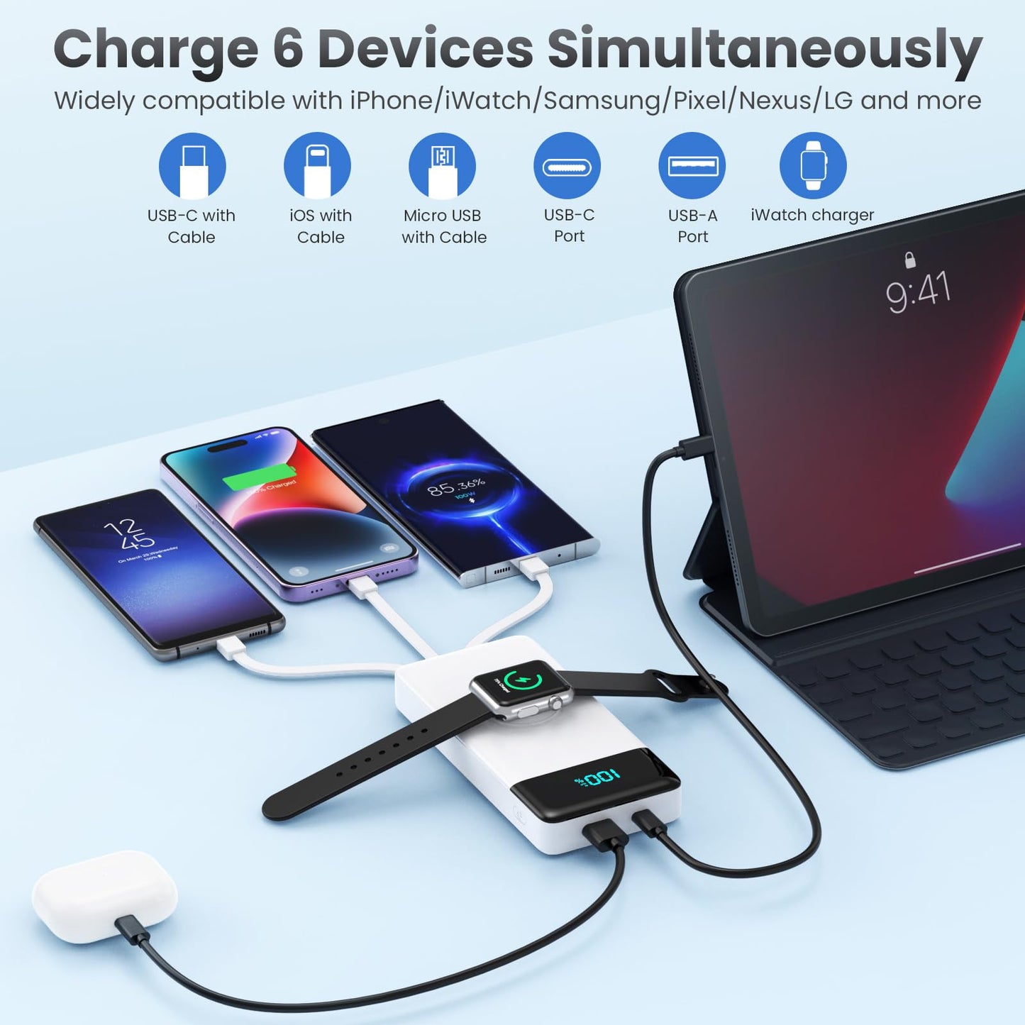 Wireless Portable Charger 40800mAh with 3 Built-in Cables,7-in-1 15W Wireless Charging Power Bank,25W PD QC 4.0 Fast Charging USB C LCD Display Battery Pack for iPhone 17/16/15/13,Samsung,Android etc