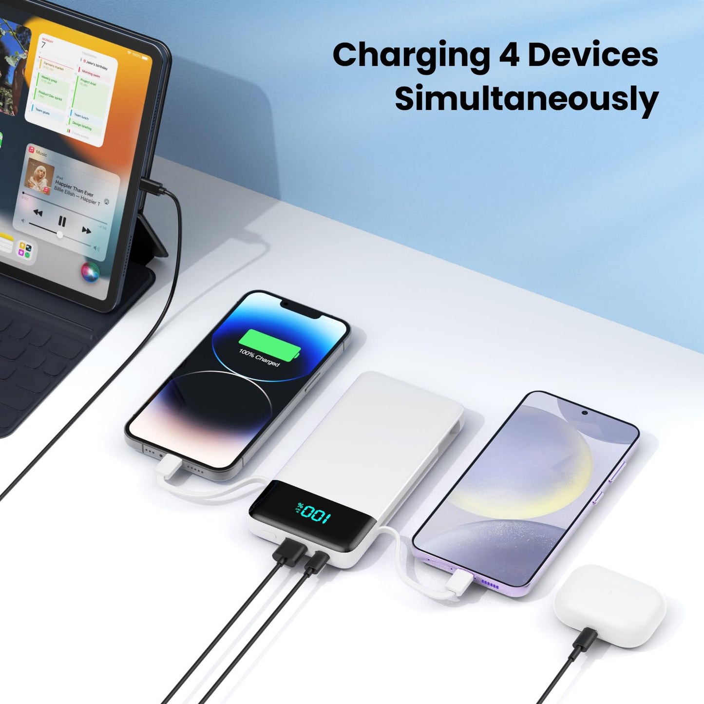 Wireless Portable Charger 40800mAh with 3 Built-in Cables,7-in-1 15W Wireless Charging Power Bank,25W PD QC 4.0 Fast Charging USB C LCD Display Battery Pack for iPhone 17/16/15/13,Samsung,Android etc