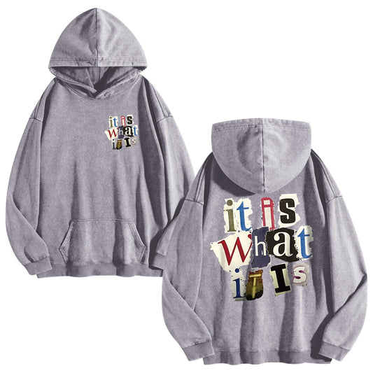 Graphic Hoodies for Men Vintage Hoodie Funny Oversize It Is What It Is Streetwear Hooded Sweatshirt Pullover Tops(Gray,L)