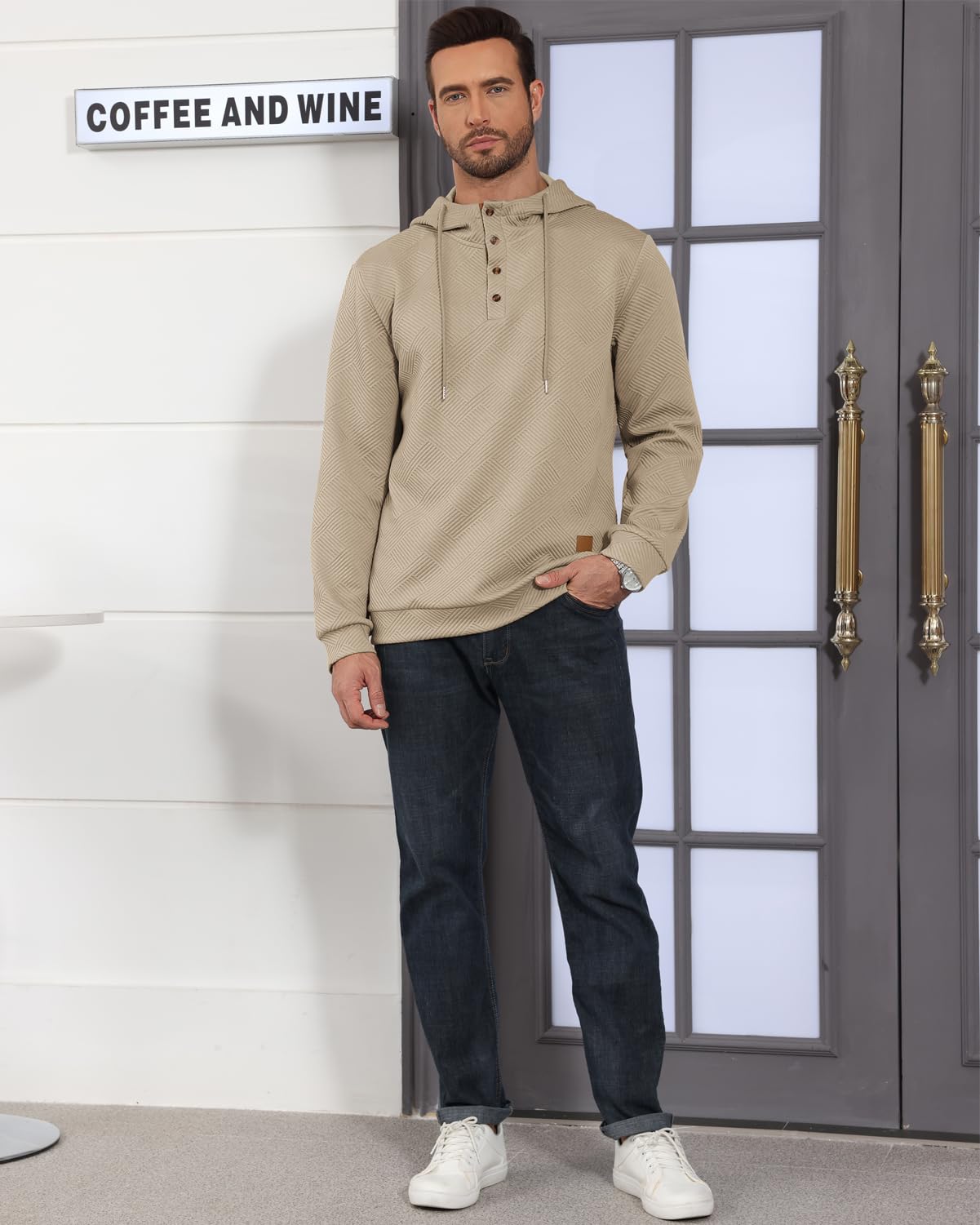 Men's Hoodies Pullover Casual Long Sleeve Stand Collar Button Pullover Sweatshirts Color Block Pullover Black L