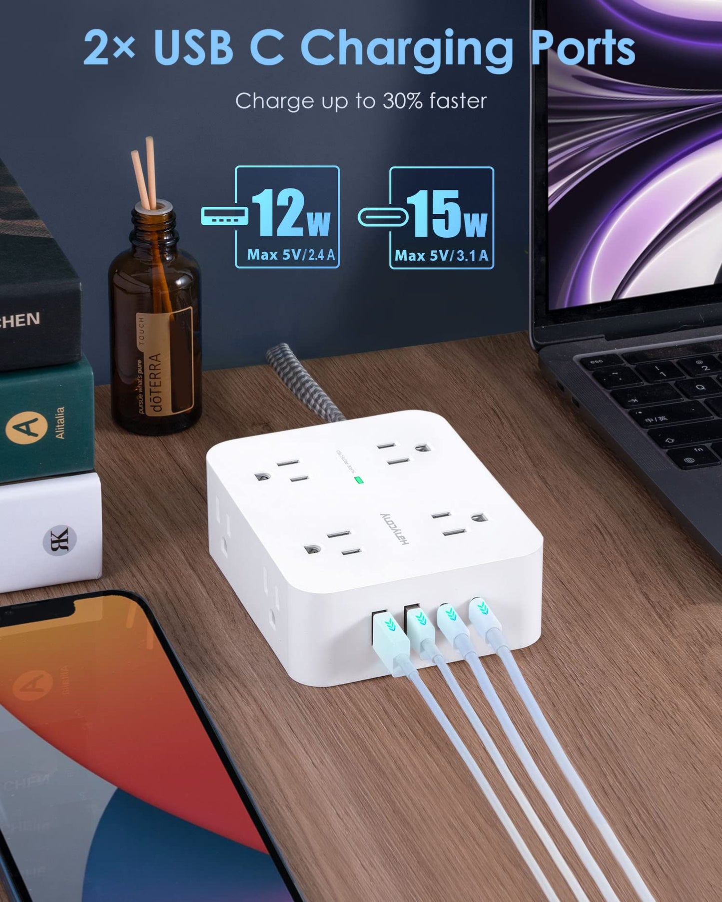 Surge Protector Power Strip - HANYCONY 8 Outlets 4 USB (2 USB C) Charging Ports, Multi Plug Outlet Extender, 5Ft Braided Extension Cord, Flat Plug Wall Mount Desk Charging Station for Home Office ETL