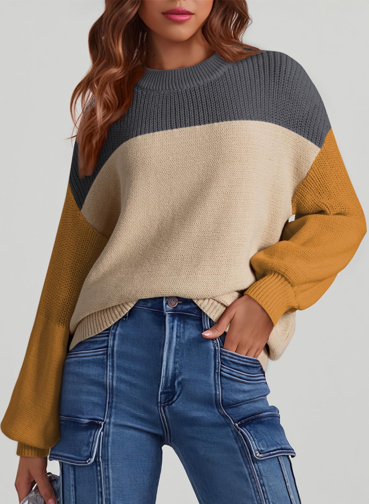 Womens Long Sleeve Knit Sweater Casual Solid Color Crew Neck Fall Sweaters for Women Trendy 2025 Outfits Chocolate Brown Fall Clothes Clothing Winter Oversized Pullover Top Jumper Medium