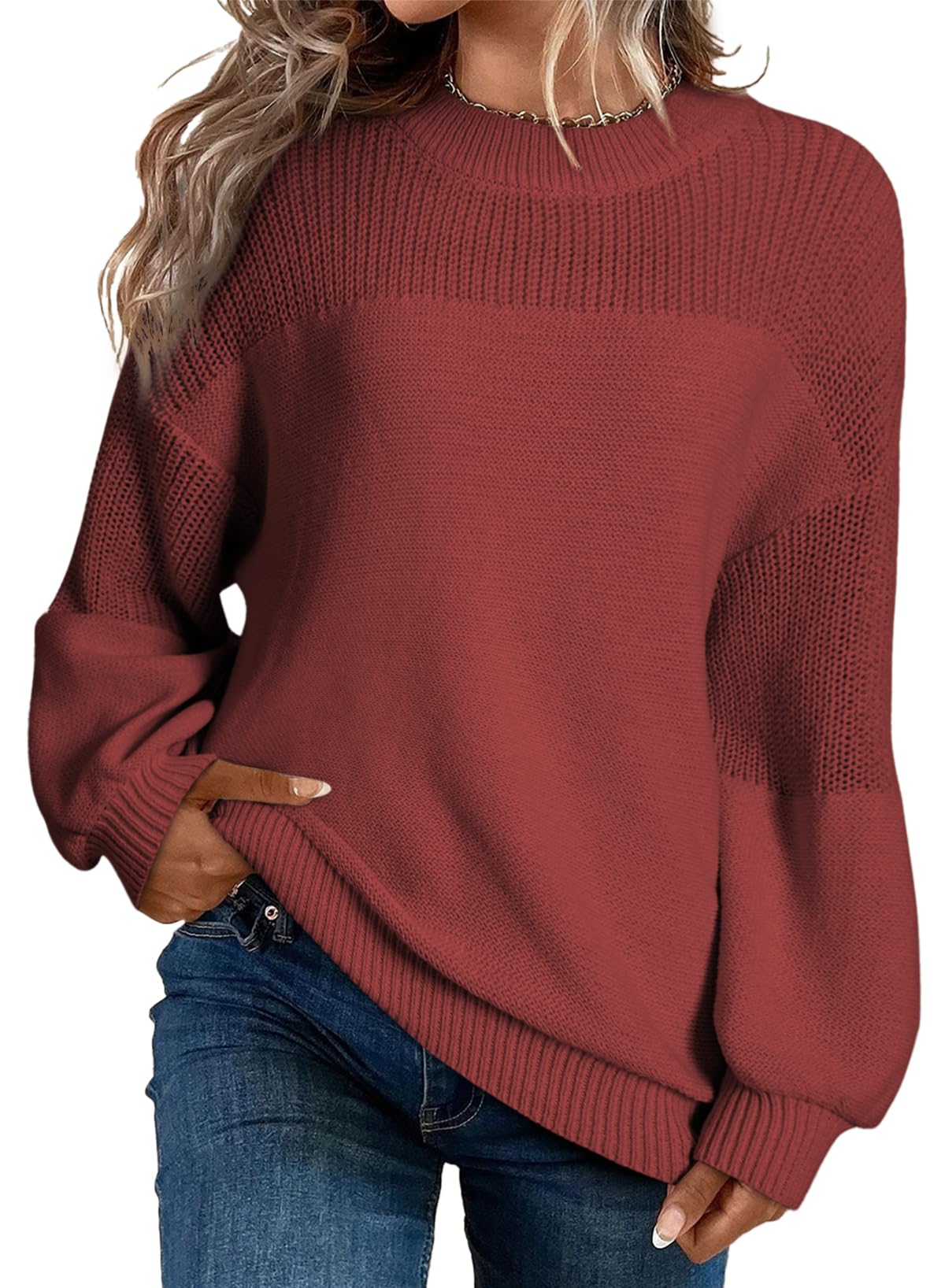 Womens Long Sleeve Knit Sweater Casual Solid Color Crew Neck Fall Sweaters for Women Trendy 2025 Outfits Chocolate Brown Fall Clothes Clothing Winter Oversized Pullover Top Jumper Medium