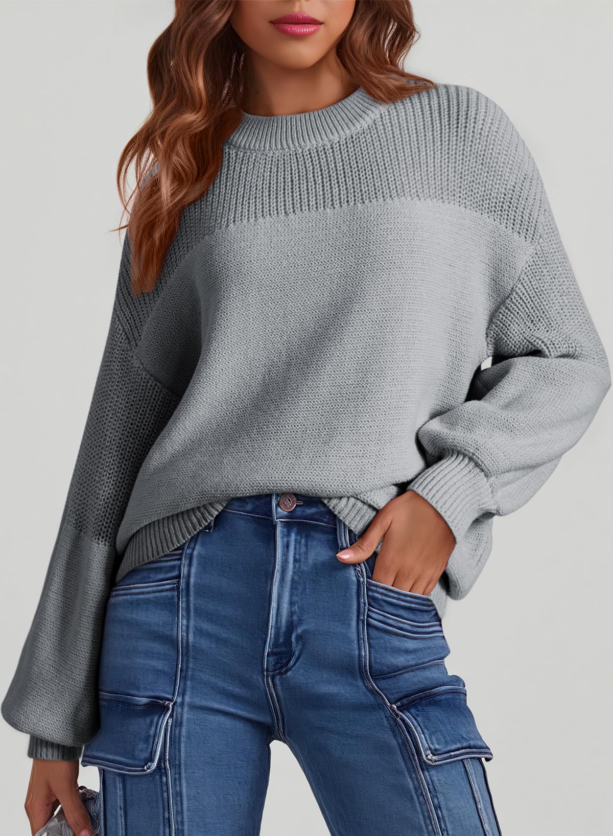 Womens Long Sleeve Knit Sweater Casual Solid Color Crew Neck Fall Sweaters for Women Trendy 2025 Outfits Chocolate Brown Fall Clothes Clothing Winter Oversized Pullover Top Jumper Medium