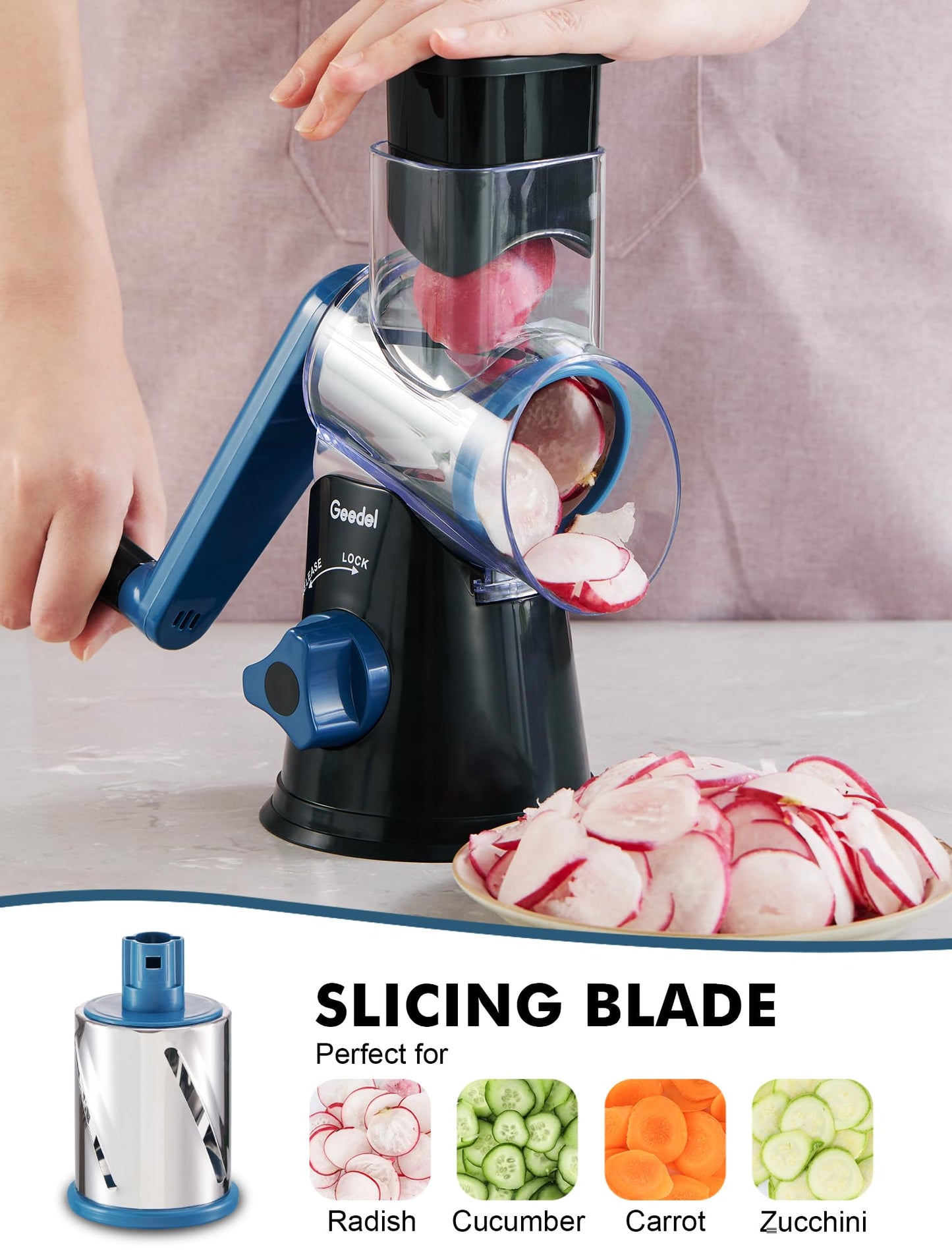 Rotary Cheese Grater, Kitchen Mandoline Vegetable Slicer with 3 Interchangeable Blades, Easy to Clean Grater for Fruit, Vegetables, Nuts