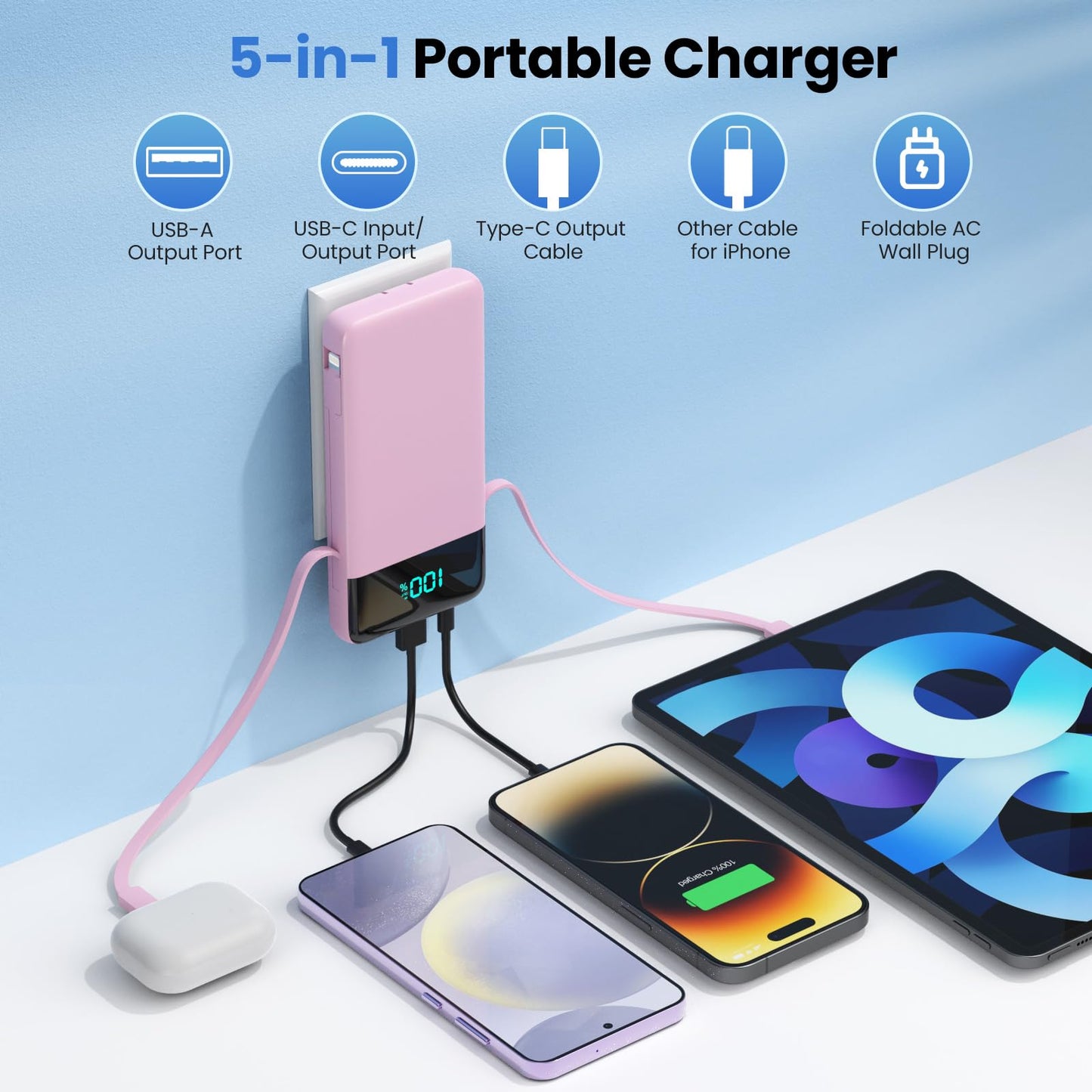 Wireless Portable Charger 40800mAh with 3 Built-in Cables,7-in-1 15W Wireless Charging Power Bank,25W PD QC 4.0 Fast Charging USB C LCD Display Battery Pack for iPhone 17/16/15/13,Samsung,Android etc