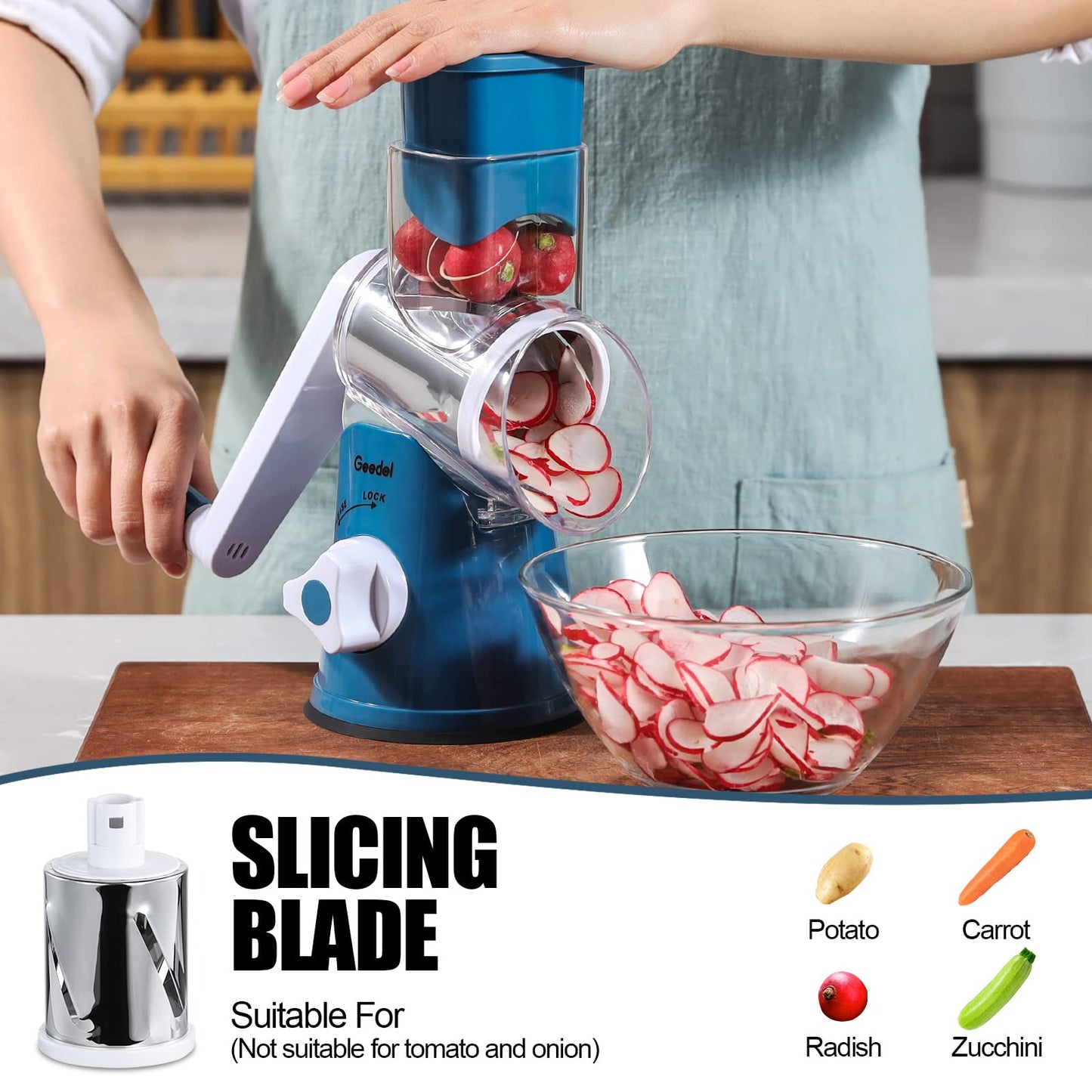 Rotary Cheese Grater, Kitchen Mandoline Vegetable Slicer with 3 Interchangeable Blades, Easy to Clean Grater for Fruit, Vegetables, Nuts