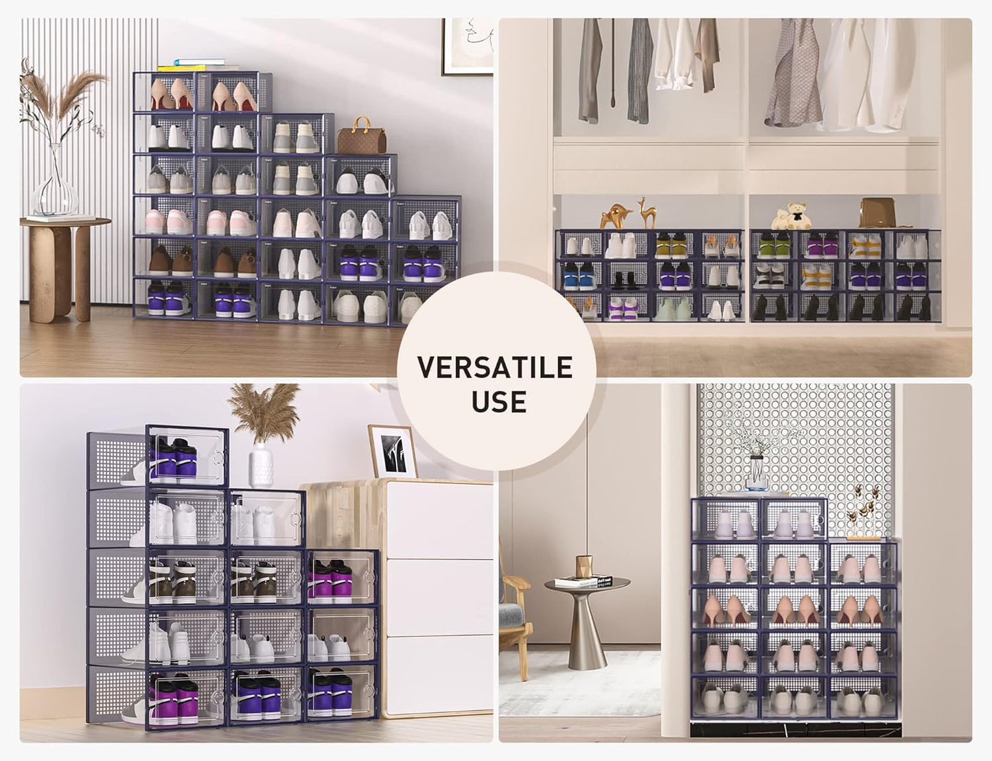 Shoe Storage Boxes Organizers Clear Plastic Stackable 12 Pack, Shoe Rack & Holder Substitute, Sneaker Containers, Toy Storage Organizer Bins for Entryway, Closet, Under Bed, Black