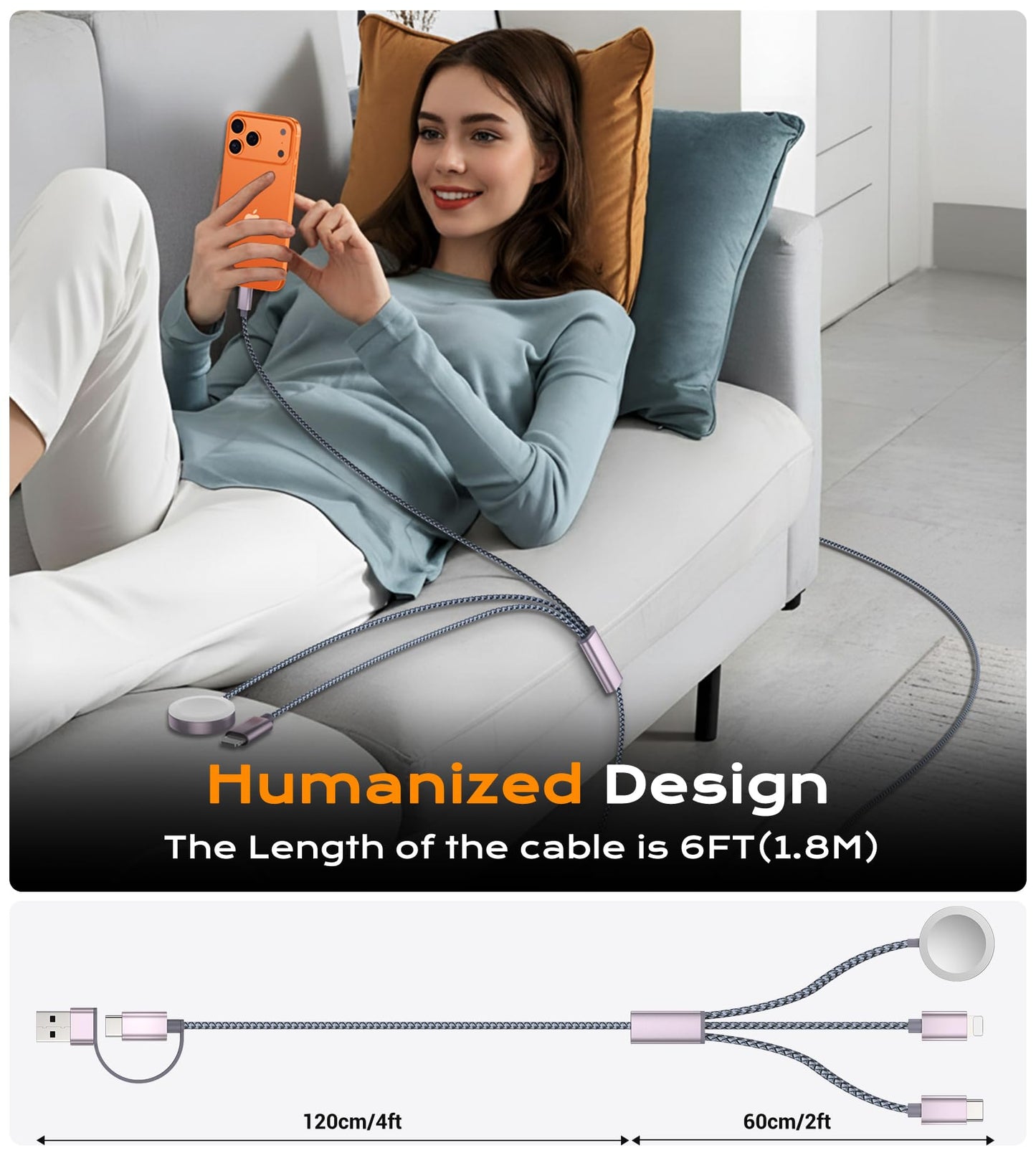 Travel Essentials,3 in 2 USB C Cable for Apple Watch Charger/iPhone 17 Charger/Lightning,Multi Charging Cable Cord,Vacation Camping Essentials,Portable Designed for iWatch &iPhone 16-12-4FT