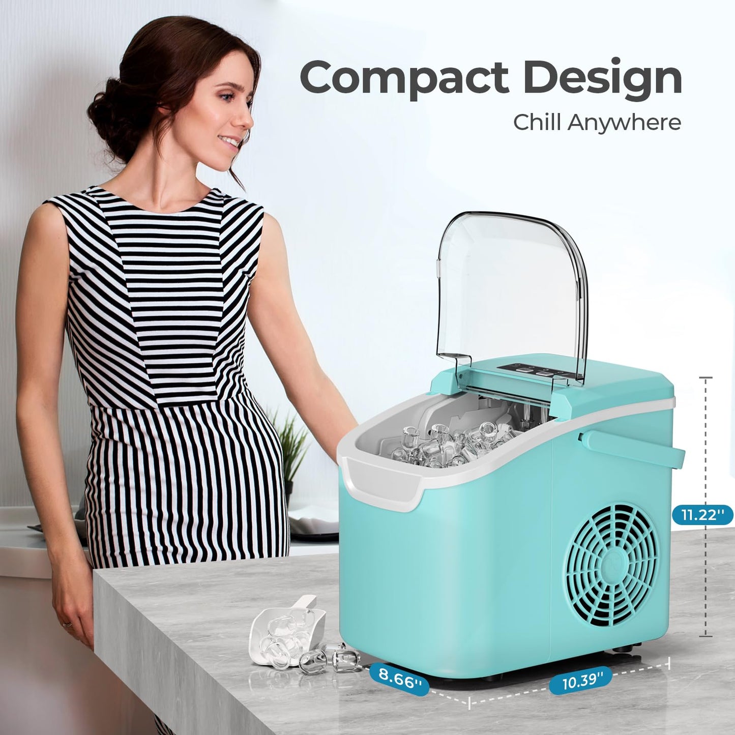 Countertop Ice Maker Machine, 8 Ice Cubes in 6 mins, 26lb/Day Ice with 2 Sizes- Portable Mini, Energy Saving & Basket/Scoop for Home/Party/Travel/Camping/Bar,Black